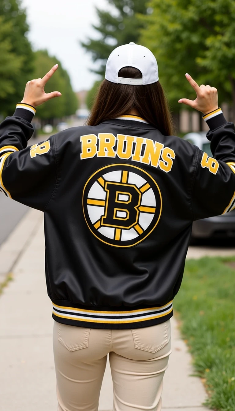 portrait of CSTMDL woman
big tits, thick thighs
Scene/Background
She’s outside on a casual day, maybe on her way to a Bruins game or just repping her team around town. A parked car and greenery around give it a chill, everyday street vibe.
Position
The girl is standing with her back to the camera, pointing her thumbs toward the huge Bruins logo on the jacket. This pose screams team pride and confidence, making the logo the centerpiece.
Clothing
She’s rocking a massive black-and-yellow Bruins jacket, clearly oversized for that bold streetwear look. Underneath, she has light-colored pants and a white cap worn backwards. The jacket’s shiny material makes the bright yellow accents and the Bruins crest pop.
Lighting
Natural daylight, soft and clear. The sun highlights the gloss of the jacket’s material, making it stand out against the neutral background.
Vibe
Casual, sporty, confident. The whole fit feels like a mix of hockey fan energy and laid-back streetwear style. It’s got that “repping my team everywhere I go” feel, while also looking fashionable.