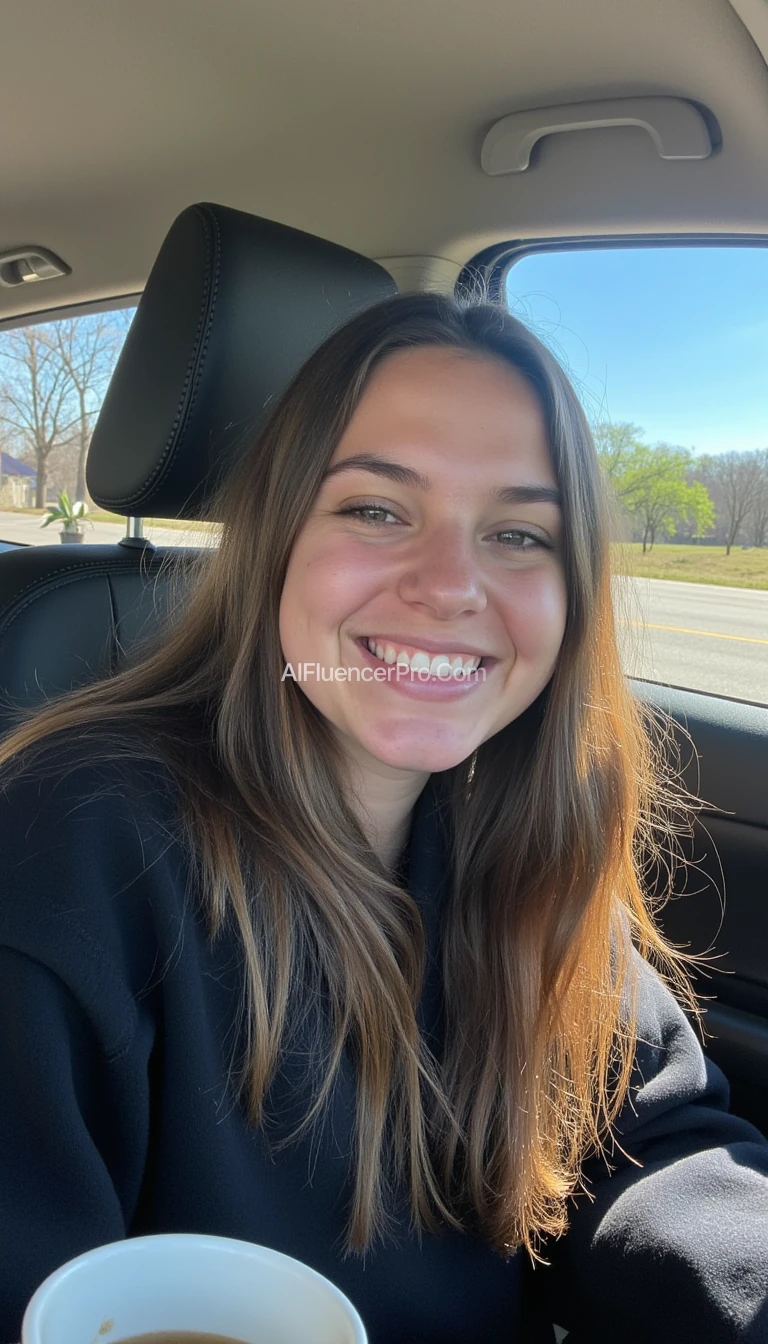 boring low quality snapchat photo circa 2015, A young woman with a warm smile, sitting in the driver's seat of a cozy car. She has soft, wavy brown hair cascading past her shoulders. The sunlight streams through the window, casting a gentle glow on her face. The interior of the car is neat and comfortable, with a coffee cup in the cup holder and a small plant on the dashboard. The background outside the window shows a scenic road lined with trees and blue skies