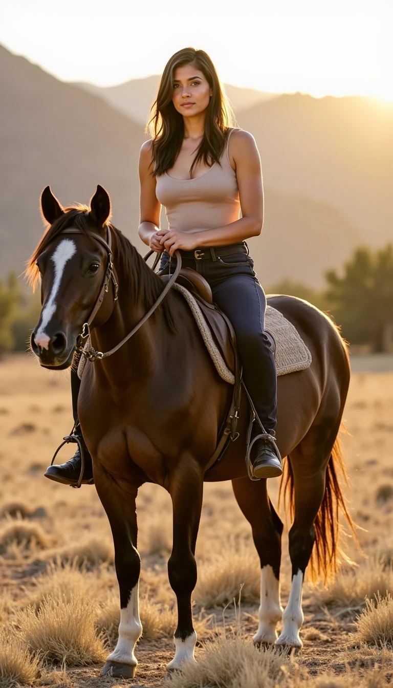 IMG_1589.HEIC
CSTMDL woman horseback riding at golden hour on a bold dark-bay horse with a white blaze, in a dry grassy field with soft foothills in the background (Denver vibe). Friend-taken, candid iPhone-style portrait: camera ~6–8 feet back, 3/4 angle that shows her from head to mid-thigh plus the horse’s head/shoulders. She wears a fitted, tasteful top (no logos) and dark blue jeans with ankle boots; minimal jewelry (simple necklace or bracelet only), natural glam makeup, soft wavy hair. Warm backlight rim on hair and shoulders, realistic skin texture, shallow depth of field, a little dust in the air, relaxed confident expression, one hand lightly on the reins.

--no nose stud, no facial piercings, no Apple Watch, no studio lighting, no airbrushed/plastic skin, no warped tack, no deformed horse anatomy, no extra limbs/fingers, no text/watermark

Annotation: aspect ratio 9:16, LoRA:MouFace_v1:0.85, guidance 2.5, reuse Post 1 seed