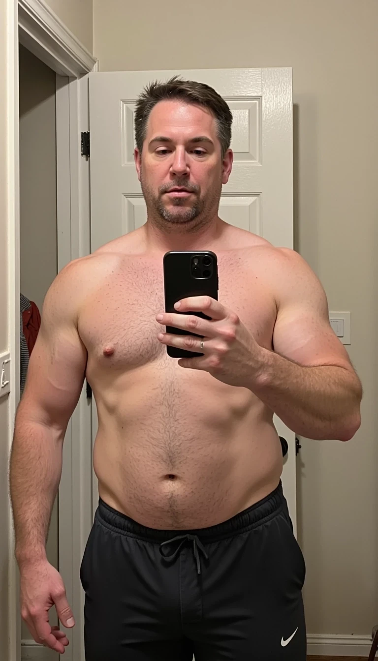 mid distance,  iphone mirror selfie of a mid 40s man CSTMDL with a muscular dad bod. The iPhone is black. He has a medium length beard. He has a solid colored t-short on