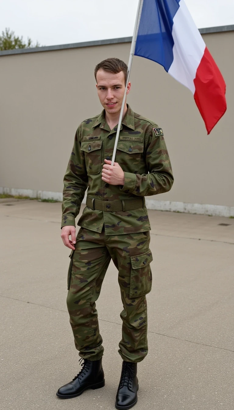 Wearing the French foreign legion military camo uniform standing outside a military barracks with the French flag on a wall, smiling and posing, skinny built