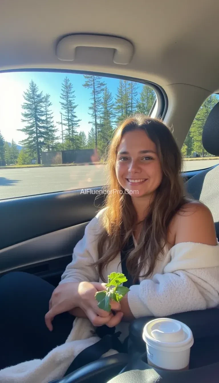boring low quality snapchat photo circa 2015, A young woman with a warm smile, sitting in the driver's seat of a cozy car. She has soft, wavy brown hair cascading past her shoulders. The sunlight streams through the window, casting a gentle glow on her face. The interior of the car is neat and comfortable, with a coffee cup in the cup holder and a small plant on the dashboard. The background outside the window shows a scenic road lined with trees and blue skies