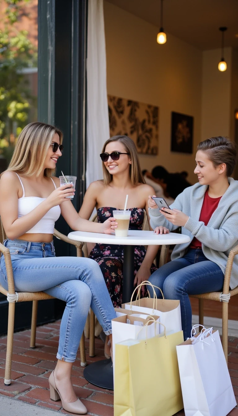 The three friends sitting at a cozy outdoor café table surrounded by shopping bags. The main model, petite with blonde hair, is leaning back in her chair with sunglasses on, sipping iced latte, wearing the same casual jeans and crop top. Her brunette friend in a sundress is laughing while showing something on her phone. The short-haired friend in a hoodie is leaning forward with a smirk, stirring her drink. Mood: relaxed, candid, post-shopping hangout. Camera: lifestyle photography, candid group shot, warm afternoon light, photorealistic detail. CSTMDL 