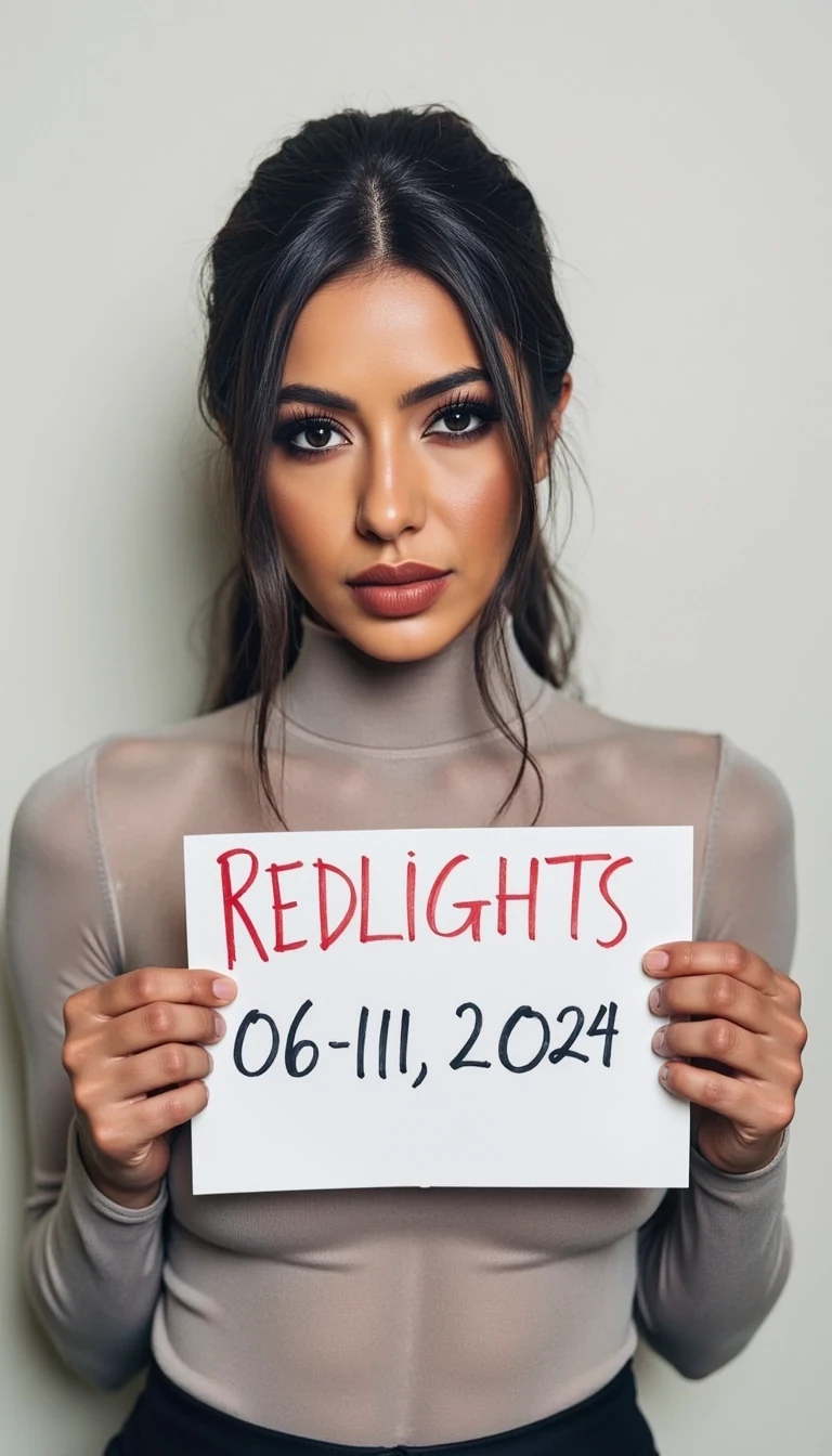 photo of woman CSTMDL, woman holds a sign with handwritten text. She is wearing long sleeves and has neutral makeup. The sign reads "REDLIGHTS" followed by "06/11/2024" in a simple script. The background is a plain, light-colored wall