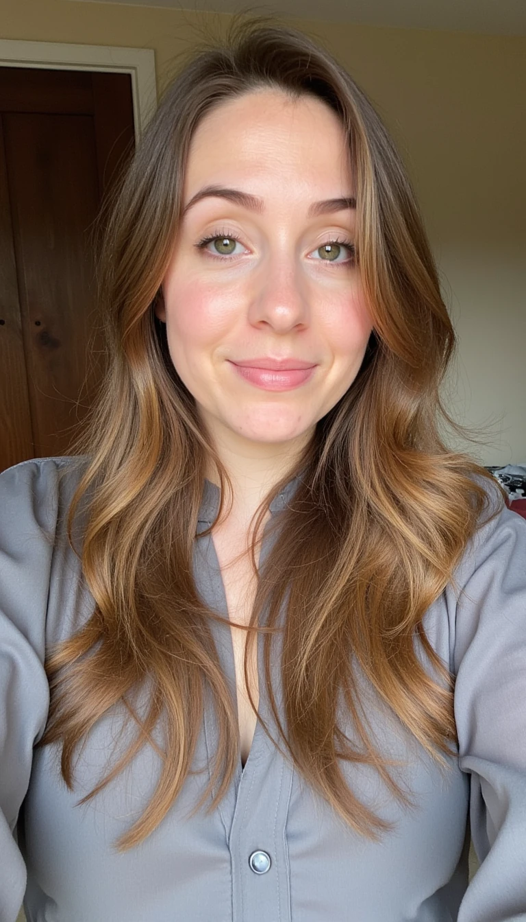 boring low quality snapchat photo circa 2015, finance girl, girl next door, half Dutch half British, light brown hair, grey blouse