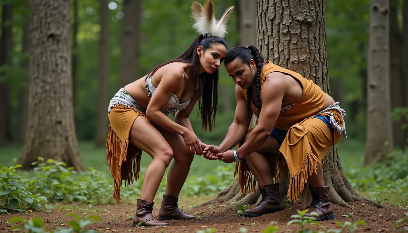 photo of woman CSTMDL, a medium shot photo of, a slim woman, her full body is in the scene, she has a slender petite build with petite small boobs and a flat chest, she has small dark skin nipples with long pointy nipple ducts and small dark skinned areolas, her hair is styled with two long braids she has eagle plumes in her hair, she is not wearing earrings, she is wearing daisy duke denim booty shorts, she is wearing a native American style vest in a golden yellow color over top of her underwear, she is holding her vest open exposing her strapless bra, her bra is a strapless white lace bra, she is wearing white lace panties, she is wearing ankle height smoked hide moccasins, natural lighting, natural light, amateur photography, shot on an iPhone, she is posing bent over on all fours tied up to a tree on the ground with her legs spread wide apart in a densely wooded forest next to a fat obese giant native American man, she is maintaining intense eye contact with the camera, a fat obese giant native American man is standing directly beside her with one hand on the back of her head, public setting, Hyper realism, 16k, uhd, ultra-sharp focus, perfect meshes and textures, highly detailed, highly accurate reflections, natural lighting, natural light, amateur photography,