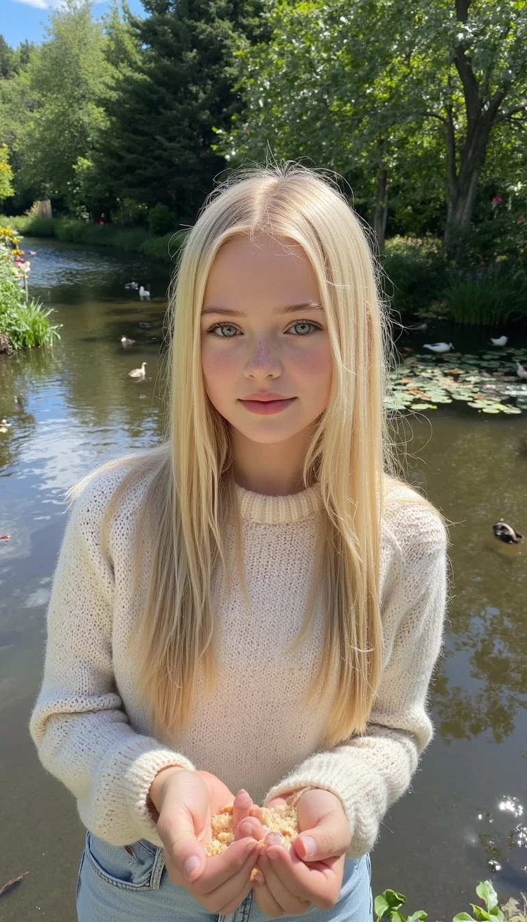 photo of woman CSTMDL, she has long blonde straight hair, very light blue eyes and fair skin. plump pink lips with a slight tint of red. she is smiling, looking away from the camera. she is a baby faced woman with striking light blue eyes and very fair skin and barely noticeable freckles and silky extremely light blonde hair. She wears minimal makeup, with subtle mascara accentuating her long lashes and a natural red gloss on her lips while smiling 
A cute girl with very light blonde, pin-straight hair stands at the edge of a tranquil pond, surrounded by the soft colors of nature. Her hair falls neatly down her back, catching glints of sunlight that make it almost shimmer like gold. She’s wearing a light pastel sweater and denim shorts, dressed casually but neatly, with a peaceful air about her.

In her hands, she gently crumbles bits of bread or bird feed, tossing them into the water with care. A group of ducks paddle eagerly toward her, rippling the surface of the calm water as they go. Some flap their wings gently or dip their beaks under the surface, while others already cluster near the shore, waiting for more.

The pond reflects the soft blue of the sky and the surrounding greenery, with patches of reeds and lily pads decorating the water’s edge. Sunlight filters through the trees above, casting dappled patterns on the girl and the ducks.

Her expression is calm and gentle, maybe even smiling slightly—completely absorbed in the moment. The whole scene gives off a serene, storybook-like feel, as if time has slowed just for this quiet interaction between girl and nature.
she is looking at the ducks, she is feeding ducks, her eyes are on the ducks