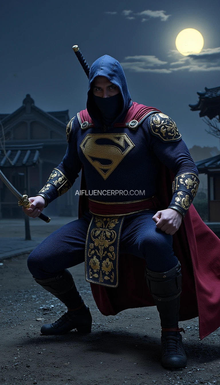 Superman in a ninja appearance, wearing a dark blue costume with intricate golden embroidery inspired by Japanese designs on the arms and chest, featuring his iconic 'S' emblem prominently displayed on the chest in gold. His cape seamlessly integrated into the costume, designed for stealth. Superman is crouched low in a dynamic battle-ready stance, one knee bent deeply while the other leg stretches back for balance. One hand tightly grips a katana sword positioned diagonally, ready to strike, while the other forms a defensive clenched fist. His sharp, focused gaze reflects determination. The background features a traditional Japanese village at night with a full moon glowing brightly and thin mist weaving through the scene, adding an air of mystery and intensity.