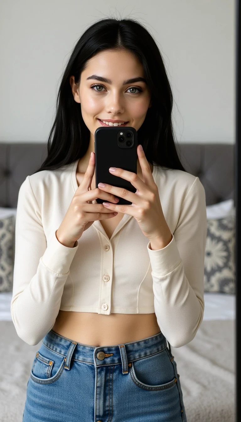 SFW photo An 18-year-old girl with long black hair and green eyes, with lightly tanned, detailed skin, straight white teeth that look natural. Big boobs under clothes. Her height is 4.9 inches, modern bedroom. She is wearing a cropped white long-sleeve top with white buttons and high-waisted blue jeans, wearing white socks, there is also a bra worn underneath the clothing. In her hand, she holds a smartphone, capturing her reflection in a mirror. The background features minimalist decor with a gray upholstered bed and patterned pillows. The composition balances the subject and the environment, while the mirror adds depth and visual interest, reflecting the room’s tidy aesthetic. 