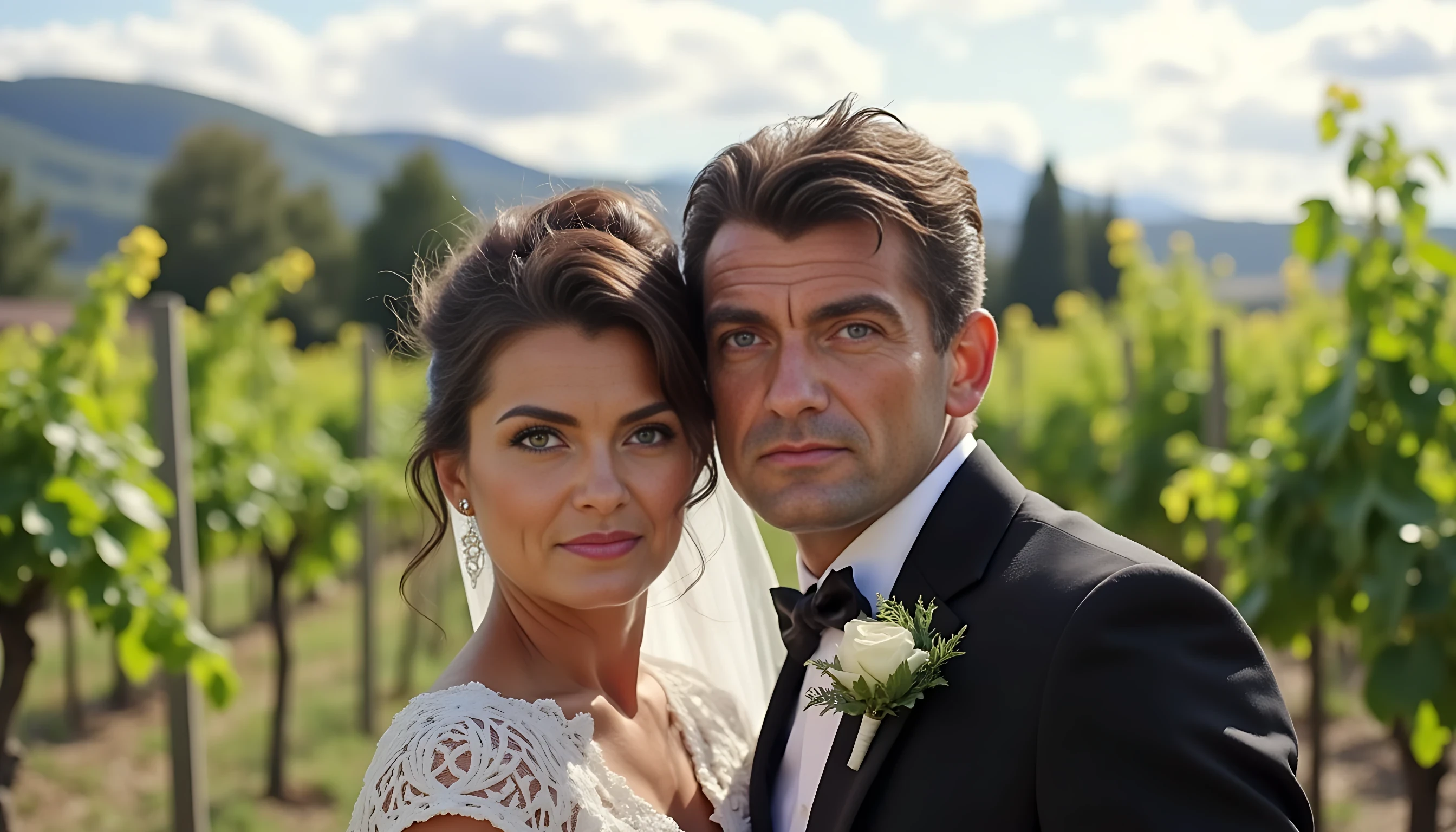 8K ultra detailed photography. The photo is a wedding photography of a 25 years old man CSTMDL, and is beautiful french brunette girl. Scene is in 2002. He's smiling, short black hair. He wears a wedding tuxedo. Scene is set in the middle of a wineyard