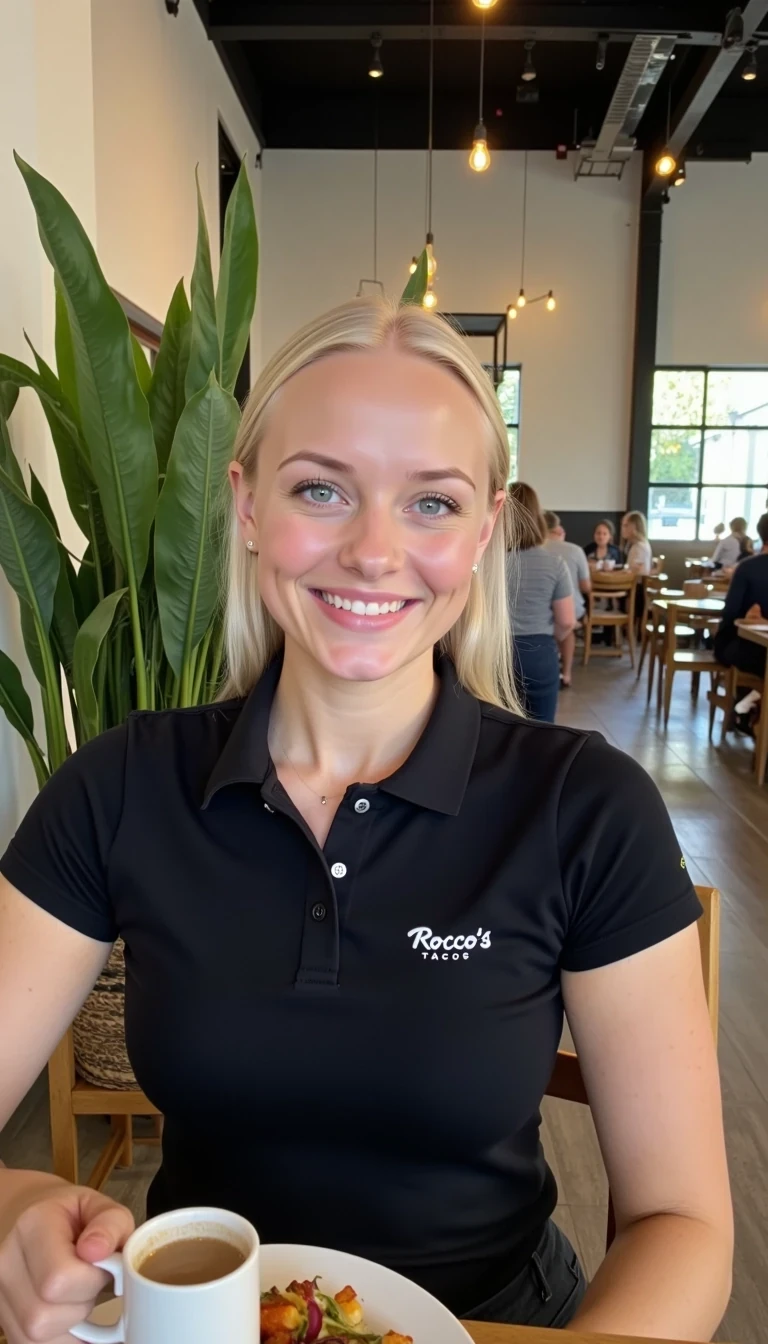 CSTMDL, Hailey, photorealistic portrait of a young woman in her early 20s with fair porcelain skin, smooth complexion, subtle natural makeup with soft pink lips and light eyeliner, straight blonde hair tied back in a neat ponytail, bright blue eyes sparkling with warmth, friendly genuine smile revealing straight white teeth, confident and approachable demeanor, posing for a selfie gazing directly at the viewer with engaging eye contact, drinking a cup of coffee; she is wearing a fitted black short-sleeved polo shirt with a small embroidered logo on the chest reading "Rocco's Tacos" in white lettering, tucked into slim black pants, no visible accessories; set in a modern upscale cafe interior with high ceilings, large floor-to-ceiling windows allowing soft diffused natural daylight to flood in from the right side, creating gentle highlights and soft shadows on her face and clothing, warm ambient hanging pendant lights with golden glow in the background; background details include a tall green potted plant with broad leaves to the left, patrons seated at wooden tables; dominant colors are neutral blacks and grays with pops of green foliage, warm wood tones, and red accents from the food; overall welcoming and lively casual dining atmosphere, evoking freshness; composition is a medium close-up shot from a slight low angle to emphasize approachability, framed centrally with balanced symmetry, captured with a Canon EOS 5D Mark IV camera using a 50mm prime lens at f/2.8 aperture for shallow depth of field, ISO 100 for crisp details, natural window afternoon lighting supplemented by soft indoor LEDs at 4000K color temperature, hyper-realistic textures like the soft cotton weave of the polo shirt, and smooth skin pores; ultra-detailed, hyperrealism, photorealistic rendering indistinguishable from a high-resolution photograph, 8k resolution, sharp focus on the woman and plate with bokeh background.