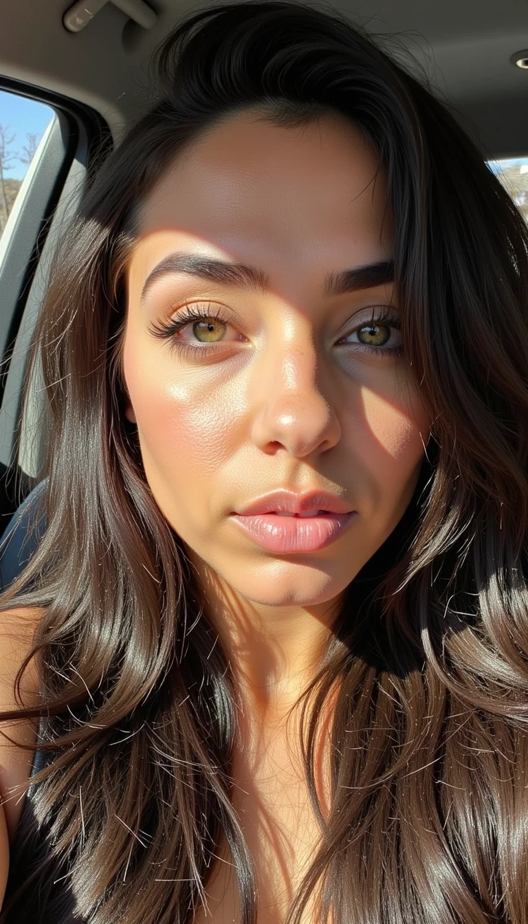 boring low quality Snapchat photo circa 2013, iPhone 4 front camera selfie of CSTMDL, candid close-up of a young Mediterranean woman with golden-olive skin reminiscent of Kim Kardashian, extra-long sleek brunette hair in glossy waves, striking almond-shaped green eyes framed by thick black lashes, perfectly arched brows, high contoured cheekbones, a sculpted button nose, and very voluminous nude-toned lips.

Her skin is natural and unretouched: faint pores visible on her cheeks and nose, subtle redness around her nostrils, fine smile lines, uneven pigmentation across her forehead, faint under-eye bags, and a few small blemishes on her chin. A light oil sheen across her T-zone, peach fuzz on her jawline, and stray baby hairs catching the uneven light.

She holds a quilted luxury handbag near her shoulder, slightly cut off by the selfie framing. Lighting is unflattering and uneven: shop window sunlight blows out part of her cheek while the other side falls into dull shadow.

Image quality reflects an iPhone 4 front camera circa 2013: heavy pixelation in darker areas, muted washed-out tones, slight blur from shaky hands, visible compression smudge on her hair, and lens glare from a dirty screen. Off-center framing cuts off the top of her head. Imperfect, raw, and believable.