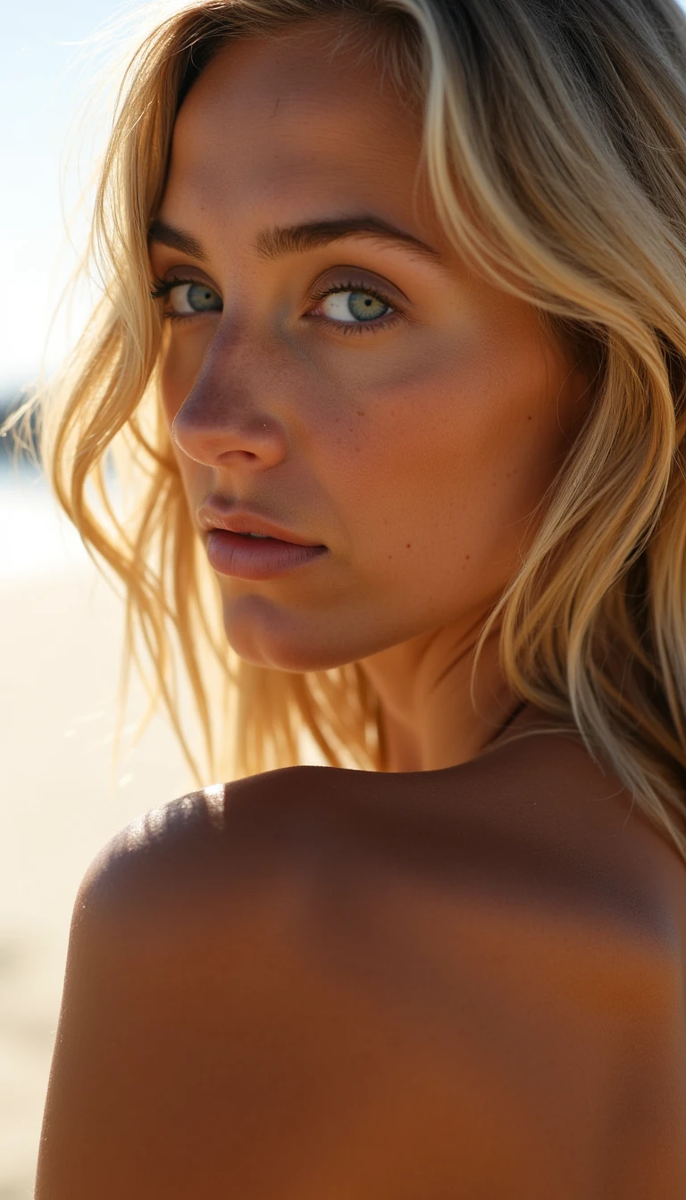 Close-up sunlit shoulders, faint sweat sheen, beachside vibes, Hyper-realistic portrait of an elegant, ultra-detailed skin, soft neutral tones, sun kiss tan, cinematic photography, depth of field focus, shoulder length light dirty blonde hair.