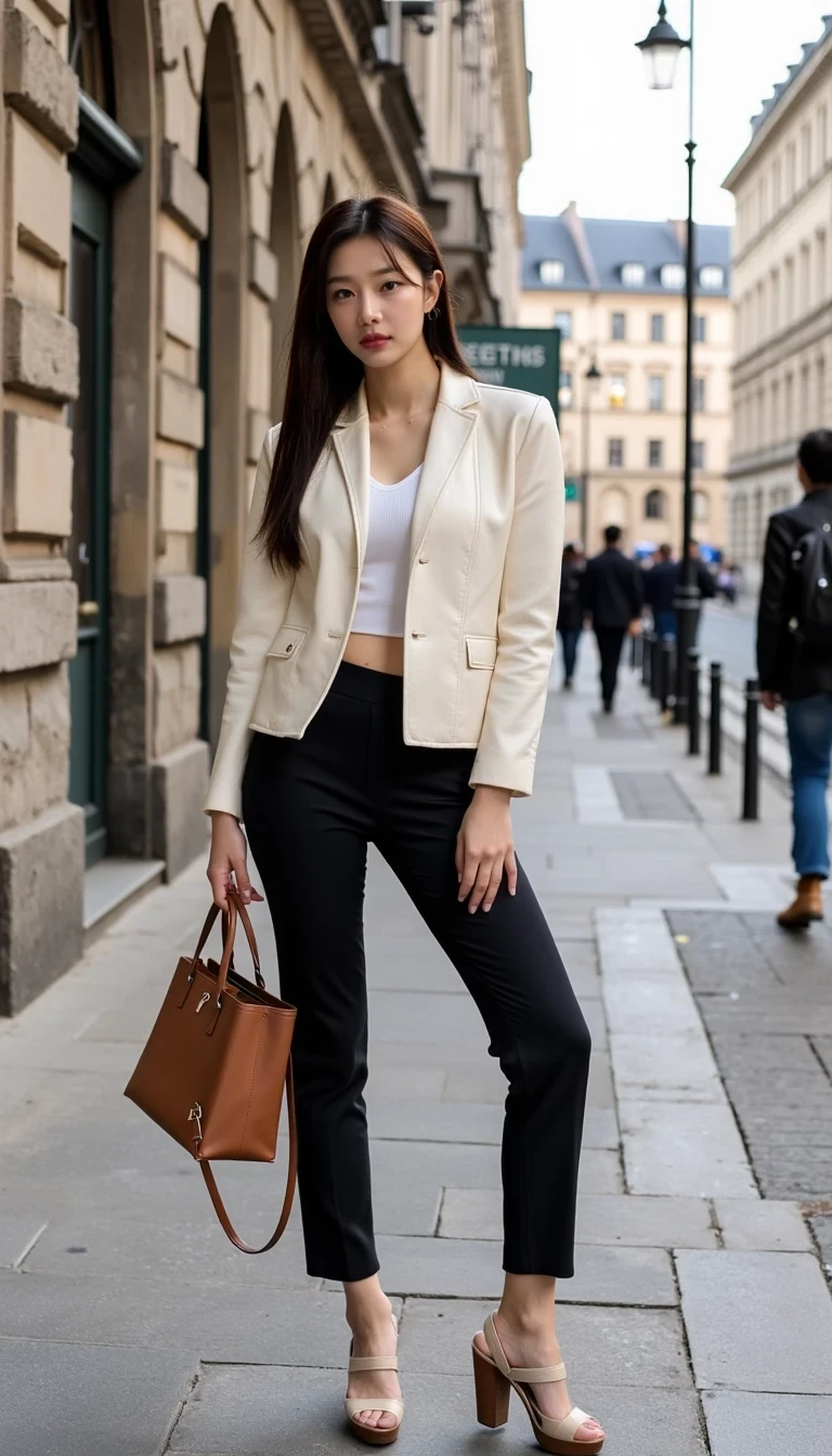 A stylish Korean woman, slender and fashionable, confidently standing on a chic Parisian street, looking directly at the camera. She carries a luxurious Hermès bag, her outfit exuding effortless elegance, and sexy. The scene is captured in a medium shot, with the iconic Parisian architecture and cobblestone streets softly blurred in the background. Her confident gaze and poised posture highlight her sophistication, creating a captivating blend of luxury and modern urban life
