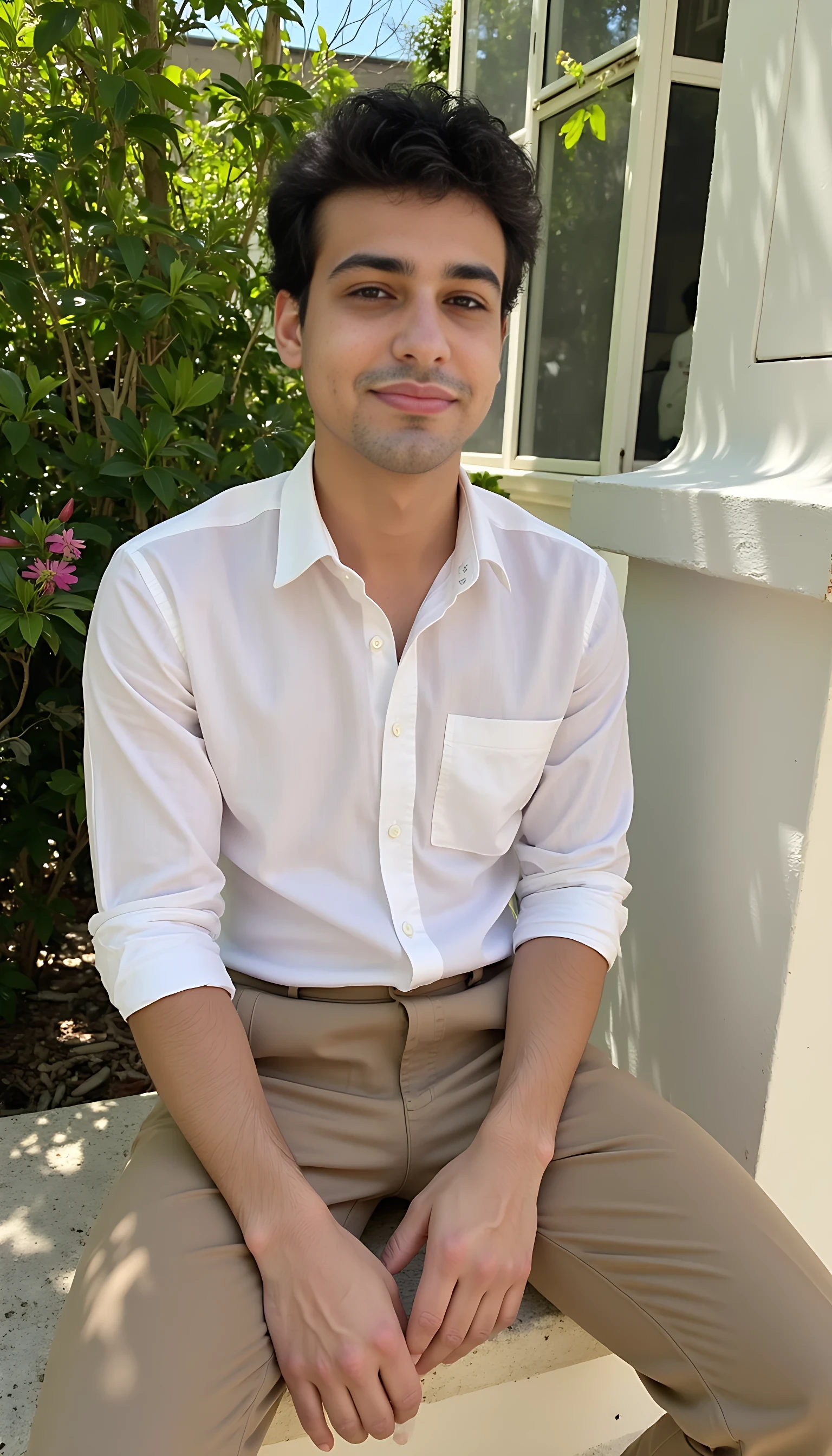 Boring, low-quality Snapchat photo of a handsome 20-year-old man with a gentle smile, CSTMDL style. Taken in a sunny, elegant garden terrace of a mansion. He's wearing a white button-down shirt loosely tucked into tan pleated trousers, no shoes, sleeves rolled, sitting on a stone bench. Relaxed pose, grainy low-res look, soft focus, natural sunlight overexposing parts of the frame, like a casual Snapchat snap.

