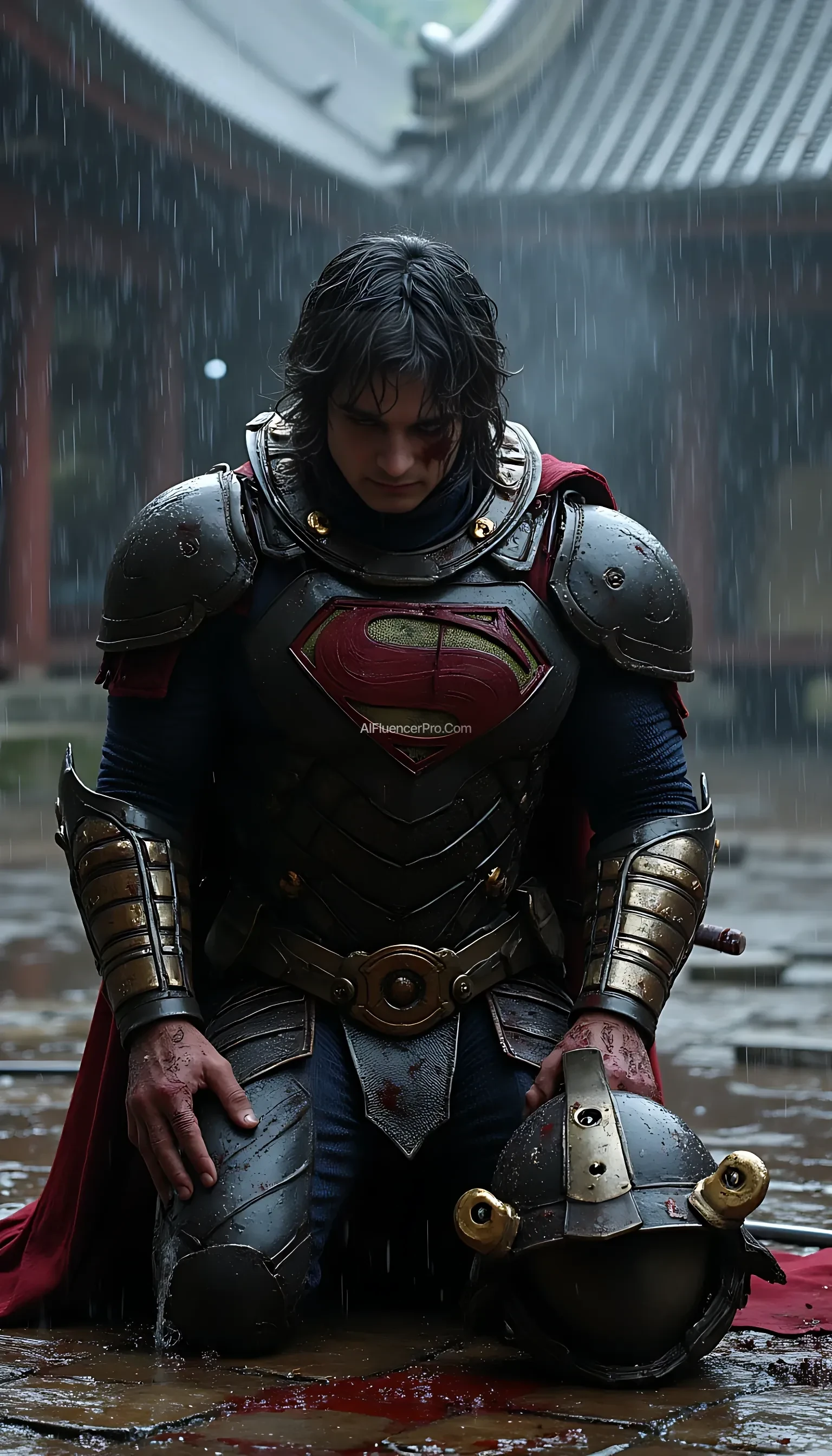A photorealistic Superman wearing a battle-worn samurai-inspired suit, kneeling in exhaustion after an intense fight. The samurai armor is damaged, with scratches, dents, and torn edges revealing the hardships of battle. The once-pristine metallic plating is smeared with dirt and blood, while the iconic 'S' symbol on his chest remains faintly visible through the grime. His futuristic samurai helmet lies discarded beside him, revealing his disheveled hair and bruised face, marked with determination despite his fatigue. He kneels in a torrential downpour, using his katana to support himself, the blade partially embedded in the wet stone ground. Rain cascades over his battered figure, mixing with blood and mud as it pools around him. The scene is set in an ancient Japanese temple courtyard, shrouded in darkness and lit only by occasional flashes of lightning. Thunder rolls in the distance, adding to the dramatic intensity of the moment as Superman gathers his strength, ready to rise again