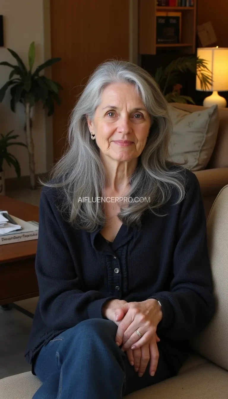 Generate three photorealistic AI-styled images of a 65-year-old woman with long gray hair. The images should depict realistic human-like skin tones while maintaining an AI-generated aesthetic. Avoid glamour or heavily stylized photography; aim for a natural, amateur look in the following scenarios:

She is seated comfortably in a cozy living room. The setting includes a sofa, warm lighting, and simple, homey décor such as books, plants, or a coffee table. Her expression should be neutral or slightly warm.

Each image should have natural lighting and an everyday feel, emphasizing authenticity while clearly showing the generative AI origin.
