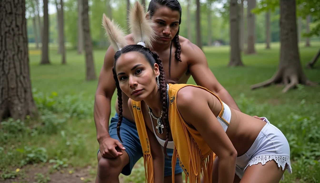 photo of woman CSTMDL, a selfie photo of, a slim woman, her full body is in the scene, she has a slender petite build with petite small boobs and a flat chest, she has small dark skin nipples with long pointy nipple ducts and small dark skinned areolas, her hair is styled with two long braids she has eagle plumes in her hair, she is not wearing earrings, she is wearing daisy duke denim booty shorts, she is wearing a native American style vest in a golden yellow color over top of her underwear, she is holding her vest open exposing her strapless bra, her bra is a strapless white lace bra, she is wearing white lace panties, she is wearing ankle height smoked hide moccasins, natural lighting, natural light, amateur photography, shot on an iPhone, she is bent over on all fours on the ground with her legs spread wide apart in a densely wooded forest in front of a fat giant native American man, she is maintaining intense eye contact with the camera, a fat giant native American man is directly beside her holding onto her booty, public setting, Hyper realism, 16k, uhd, ultra-sharp focus, perfect meshes and textures, highly detailed, highly accurate reflections, natural lighting, natural light, amateur photography,