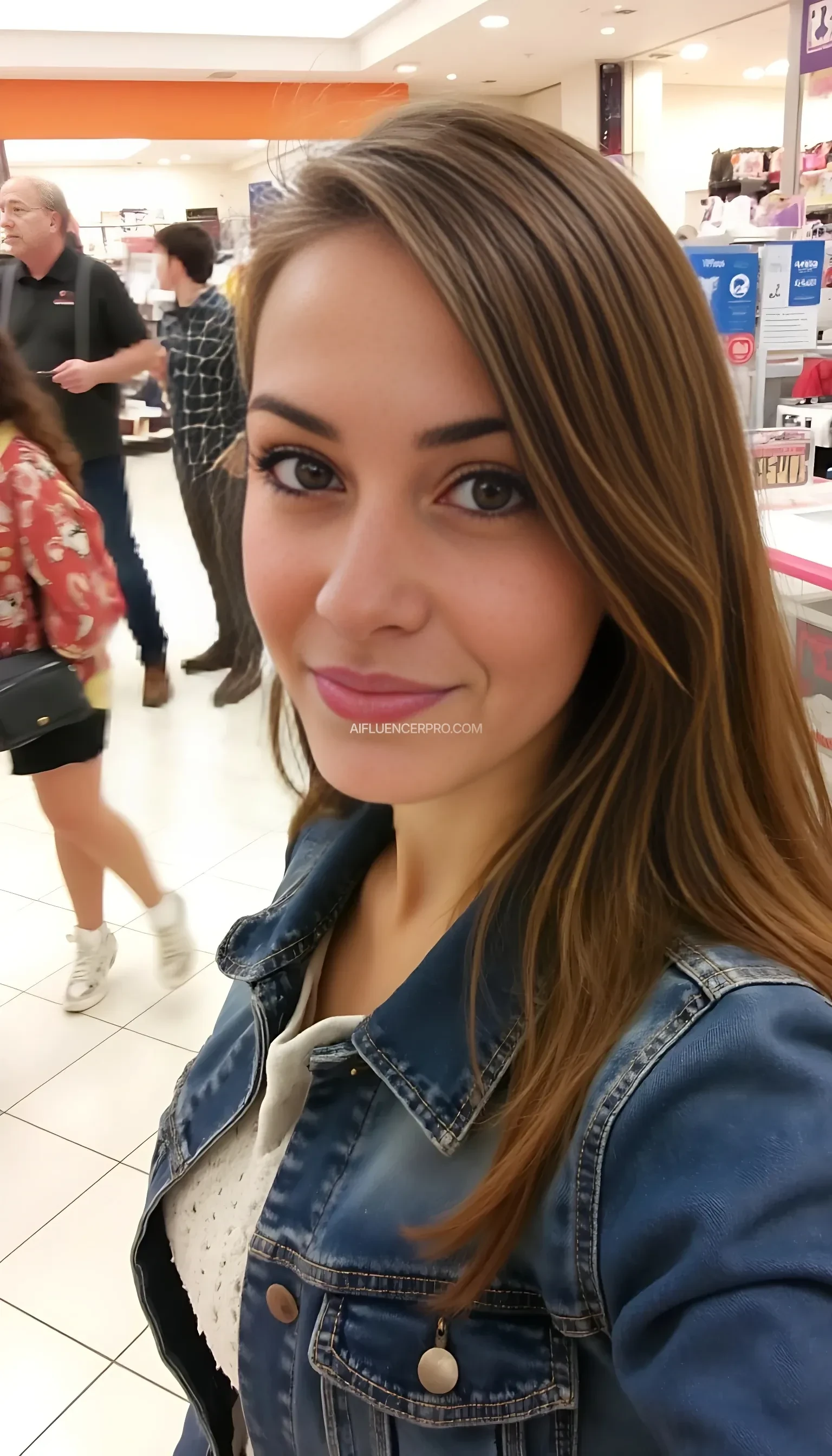 boring low quality snapchat photo circa 2015, cute woman, soft light brown hair, full outfit at shopping centre