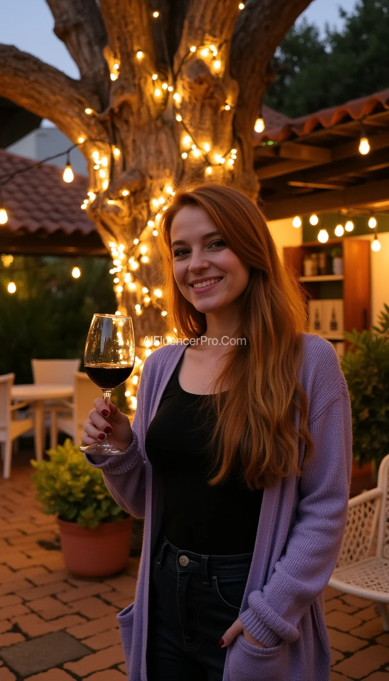 A full body shot photo of a woman standing outdoors at a cozy, warmly lit patio in the evening, with soft, glowing lights wrapped around a tree behind them creating a charming atmosphere. The image is rich in detail, with warm tones and clear textures throughout. The woman has fair skin, a slim build, and long reddish-blonde hair, also worn loose. She is smiling warmly at the camera, holding a glass of red wine in her right hand, and wears a soft-textured lavender cardigan over a black top. The background features a large tree with sparkling string lights wrapped around its trunk and branches, adding a magical touch to the scene. The setting suggests a private outdoor seating area, with elements like terracotta-tiled roofing, greenery, and rattan chairs contributing to a serene, inviting vibe. The overall composition is balanced, with the woman framed against the softly glowing tree, and the lighting enhances the warm, intimate feel of a quiet evening shared among friends. The details are vivid, with textures of clothing, skin, and background elements clearly visible, while the warm lighting creates a relaxed and joyful mood