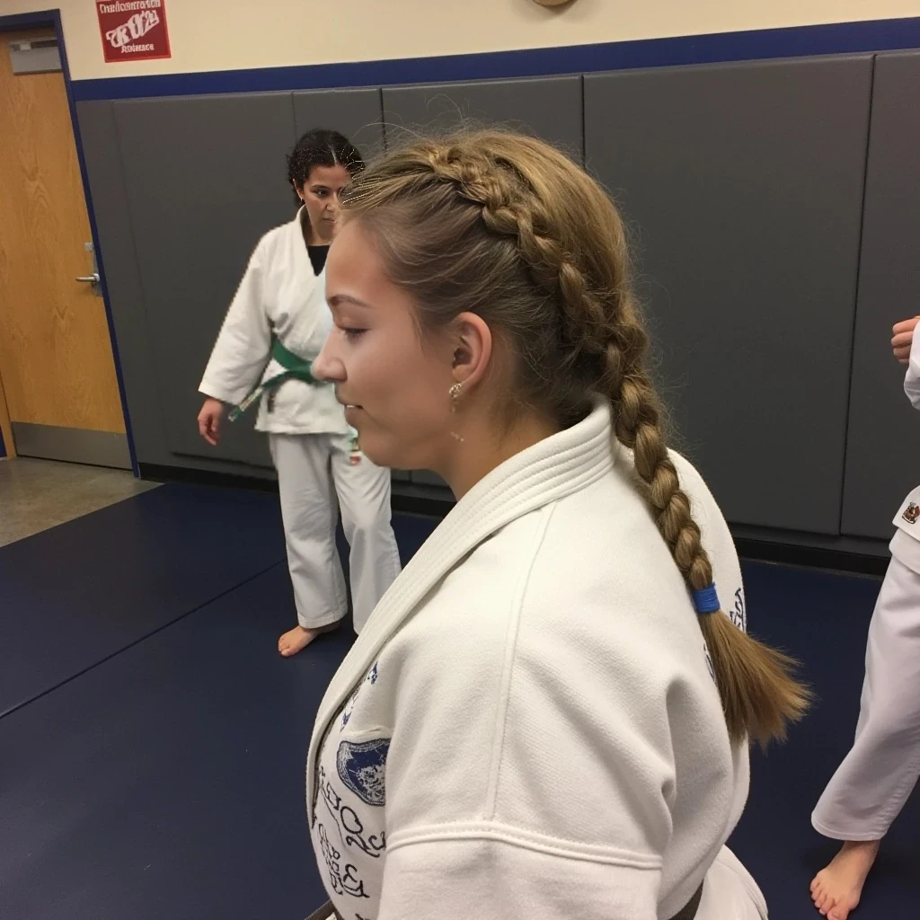 boring low quality snapchat photo circa 2015, cute woman, soft light brown hair in a braided ponytail, practicing Brazilian jujitsu 