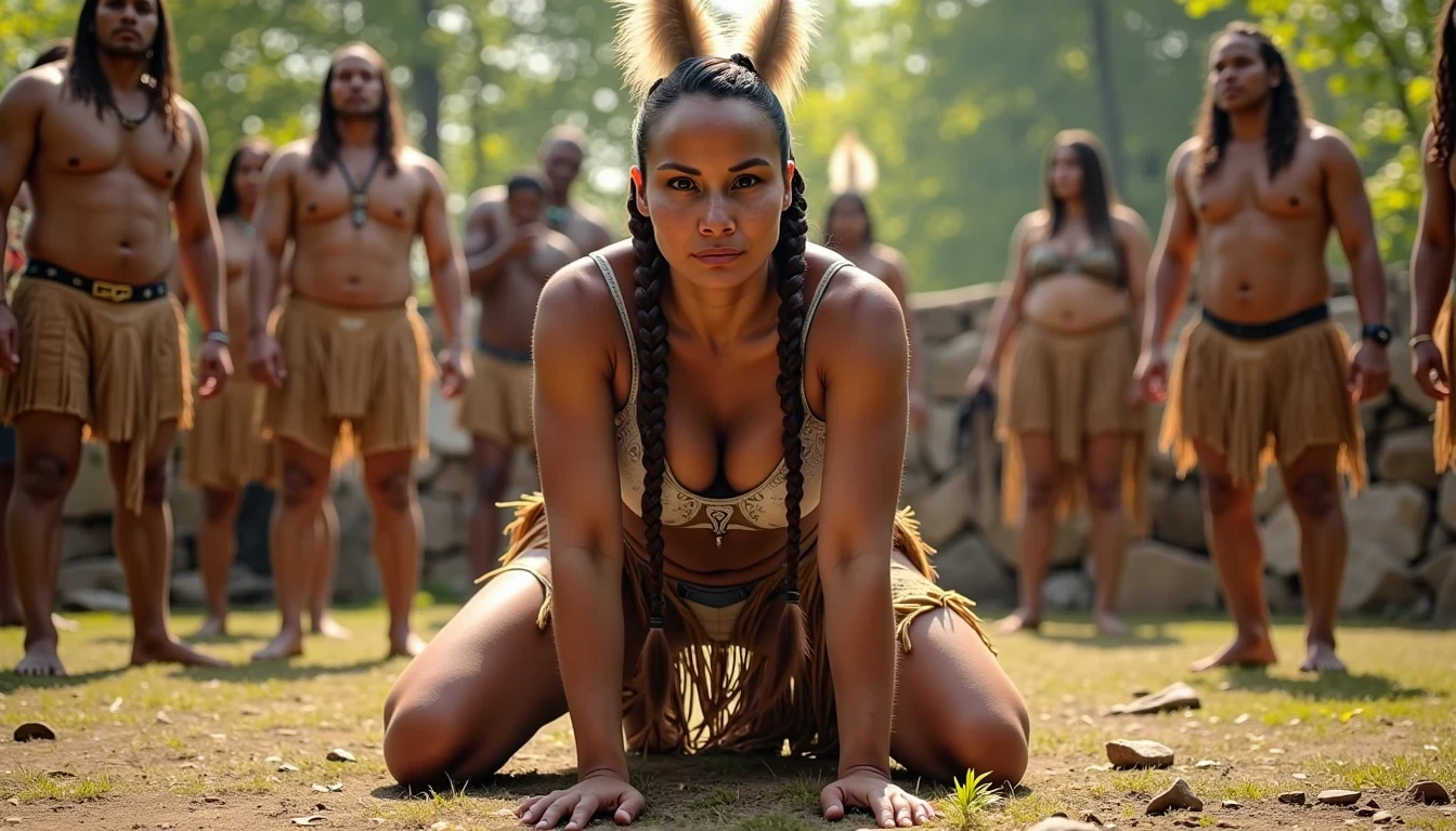 photo of woman CSTMDL, a medium shot photo of, a slim woman, her full body is in the scene, she has a slender petite build with petite small boobs and a flat chest, she has small dark skin nipples with long pointy nipple ducts and small dark skinned areolas, her hair is styled with two long braids she has eagle plumes in her hair, she is not wearing earrings, she is wearing daisy duke denim booty shorts, she is wearing a native American style vest in a golden yellow color over top of her underwear, she is holding her vest open exposing her strapless bra, her bra is a strapless white lace bra, she is wearing a fringe breechcloth in a golden yellow color, she is wearing ankle height smoked hide moccasins, natural lighting, natural light, amateur photography, shot on an iPhone, she is posing bent over on all fours on the ground with her legs spread apart in in a wooded area in front of a fat native American man, she is maintaining intense eye contact with the camera, a fat native American man is directly behind her while other fat native American men form a lineup,  public setting, Hyper realism, 16k, uhd, ultra-sharp focus, perfect meshes and textures, highly detailed, highly accurate reflections, natural lighting, natural light, amateur photography, 