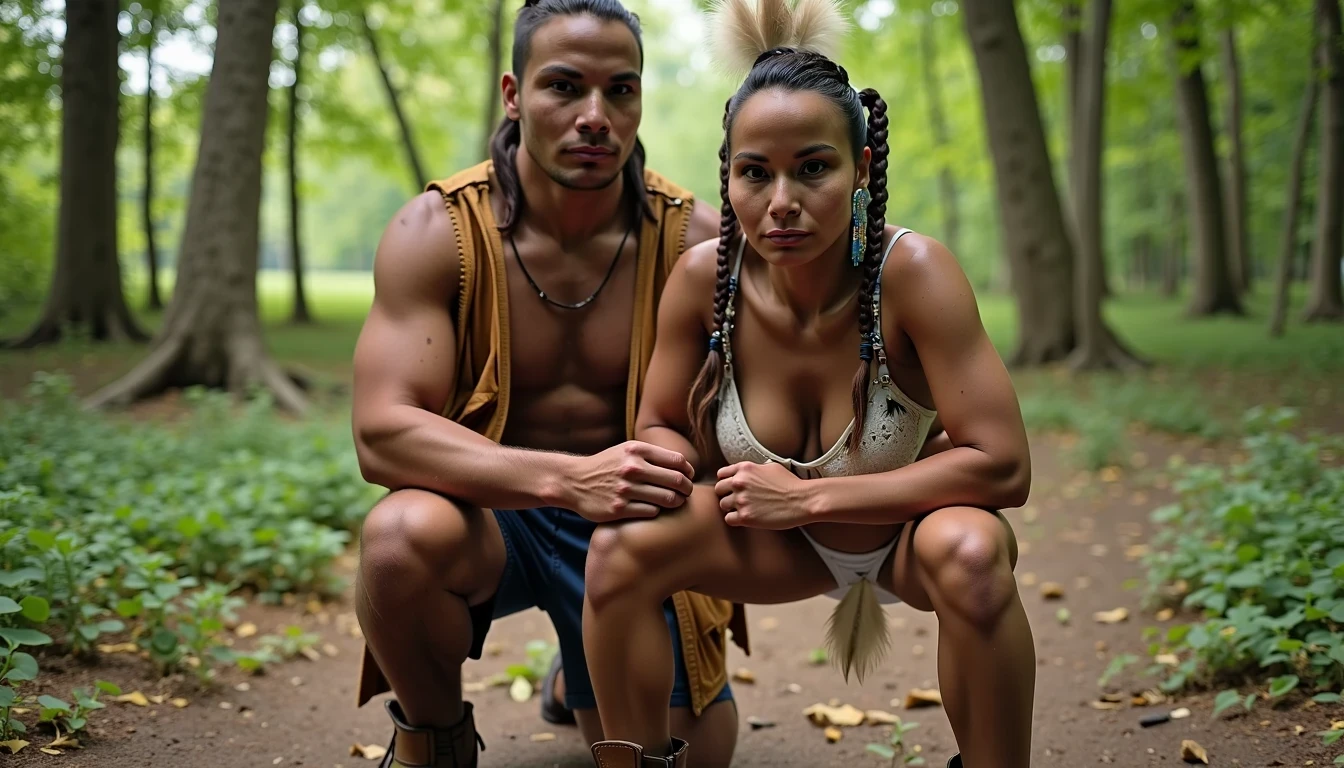 photo of woman CSTMDL, a selfie photo of, a slim woman, her full body is in the scene, she has a slender petite build with petite small boobs and a flat chest, she has small dark skin nipples with long pointy nipple ducts and small dark skinned areolas, her hair is styled with two long braids she has eagle plumes in her hair, she is not wearing earrings, she is wearing daisy duke denim booty shorts, she is wearing a native American style vest in a golden yellow color over top of her underwear, she is holding her vest open exposing her strapless bra, her bra is a strapless white lace bra, she is wearing white lace panties, she is wearing ankle height smoked hide moccasins, natural lighting, natural light, amateur photography, shot on an iPhone, she is bent over on all fours on the ground with her legs spread wide apart in a densely wooded forest in front of a fat giant native American man, she is maintaining intense eye contact with the camera, a fat giant native American man is directly beside her holding onto her booty, public setting, Hyper realism, 16k, uhd, ultra-sharp focus, perfect meshes and textures, highly detailed, highly accurate reflections, natural lighting, natural light, amateur photography,