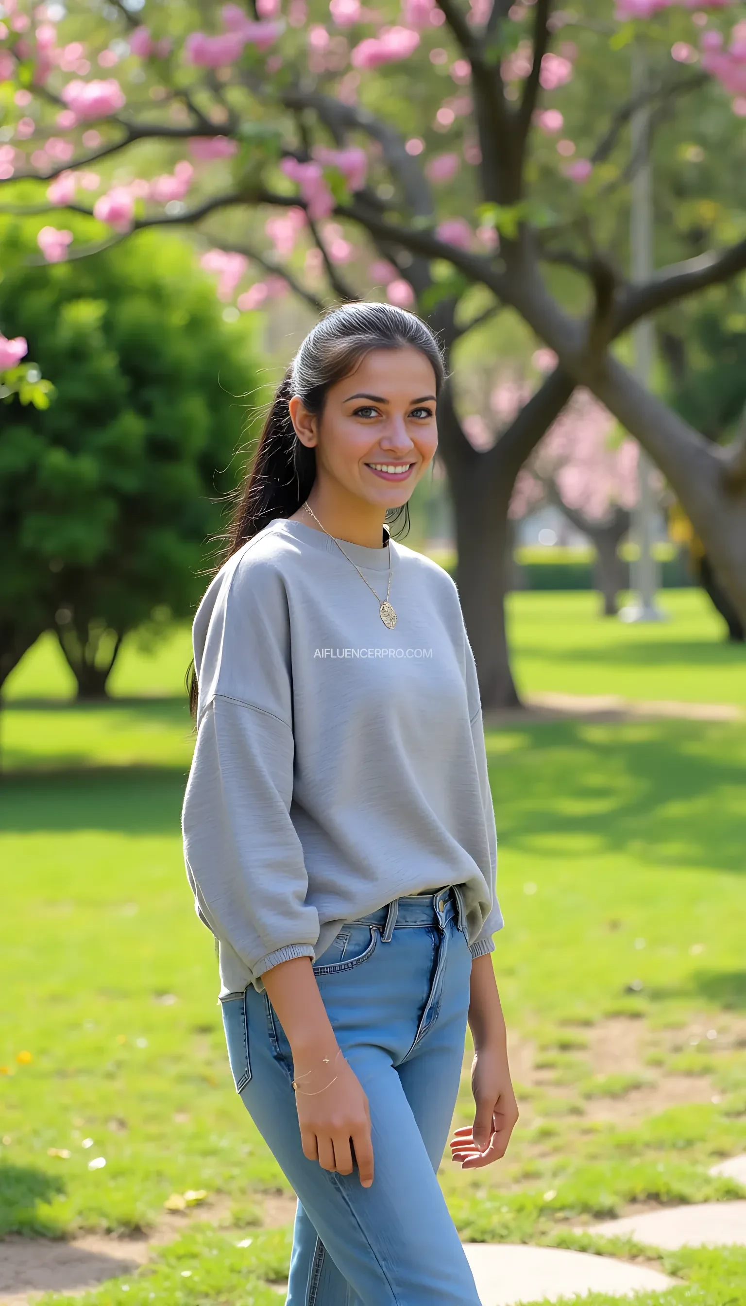 "A photorealistic portrait of a 20-year-old Indian girl beams with joy at the camera, showcasing her long black hair tied into a sleek ponytail and warm brown eyes, dressed in casual modern attire, full body shot, 8k hdr, high detail, lot of details, high quality, as she walks through a vibrant park, surrounded by green trees and blooming flowers, radiating happiness and vitality under the bright afternoon sun."