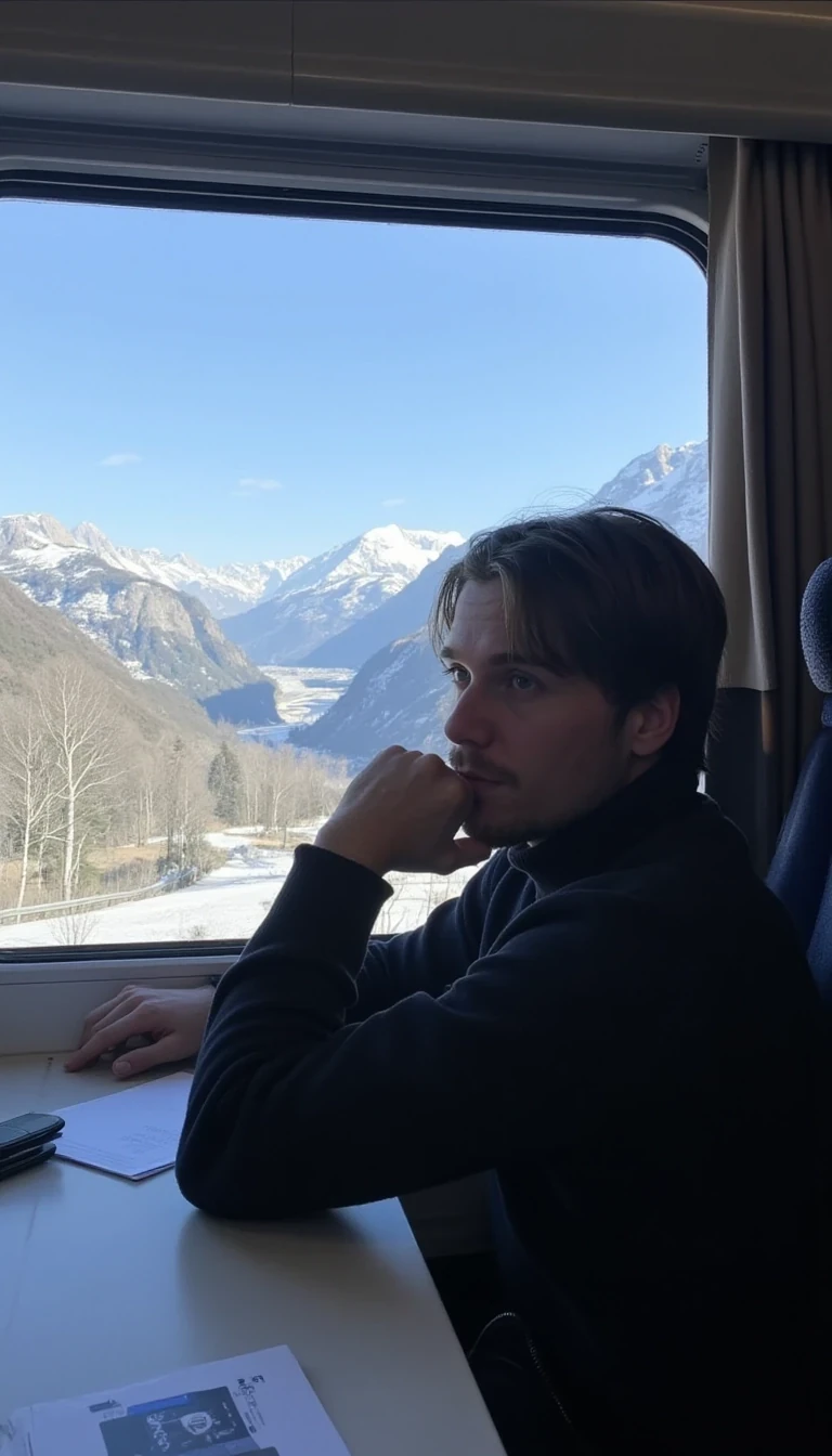 A long range low quality snap chat photo of CSTMDL looking out a train window towards the mountains of Switzerland where we can see majority of his body and the camera snapping the photo from the opposite side of the other seats facing him, the weather outside is cold but with the sun shining on the mountains peeks but having coverage of snow at the top of the mountain. he has his chin resting on one of his hands and the elbow on the base of the table with his head turned towards the scenery while the beautiful sunlight shines through the window. 
