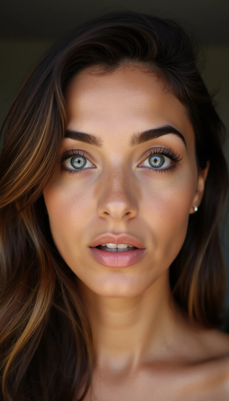 close-up of a feminine woman with big soft blue eyes, long dark lashes, defined cheekbones, wavy brown hair cascading over one shoulder, neutral expression, slightly open lips, natural glossy skin texture, shot in soft afternoon window-light with shallow depth of field, polish girl, low-angle shot from chest level looking up, chin raised, warm rim light outlining jaw, gradient backdrop