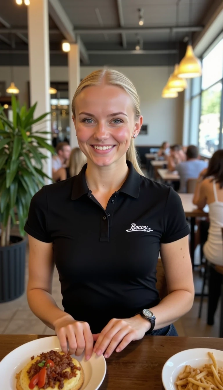 CSTMDL, Hailey, photorealistic portrait of a young woman in her early 20s with fair porcelain skin, smooth complexion, subtle natural makeup with soft pink lips and light eyeliner, straight blonde hair tied back in a neat ponytail, bright blue eyes sparkling with warmth, friendly genuine smile revealing straight white teeth, confident and approachable demeanor, gazing directly at the viewer with engaging eye contact; she is wearing a fitted black short-sleeved polo shirt with a small embroidered logo on the chest reading "Rocco's Tacos" in white lettering, tucked into slim black pants, no visible accessories; she is holding a note pad and she is taking an order at a table; set in a modern upscale cafe interior with high ceilings, large floor-to-ceiling windows allowing soft diffused natural daylight to flood in from the right side, creating gentle highlights and soft shadows on her face and clothing, warm ambient hanging pendant lights with golden glow in the background; background details include a tall green potted plant with broad leaves to the left, patrons seated at wooden tables including a man in a beige shirt facing away, another in gray chatting, and a woman in a black tank top with long brown hair; dominant colors are neutral blacks and grays with pops of green foliage, warm wood tones, and red accents from the food; overall welcoming and lively casual dining atmosphere, evoking freshness and hospitality; composition is a medium close-up shot from a slight low angle to emphasize approachability, framed centrally with balanced symmetry, captured with a Canon EOS 5D Mark IV camera using a 50mm prime lens at f/2.8 aperture for shallow depth of field, ISO 100 for crisp details, natural window lighting supplemented by soft indoor LEDs at 4000K color temperature, hyper-realistic textures like the soft cotton weave of the polo shirt, and smooth skin pores; ultra-detailed, hyperrealism, photorealistic rendering indistinguishable from a high-resolution photograph, 8k resolution, sharp focus on the woman and plate with bokeh background.