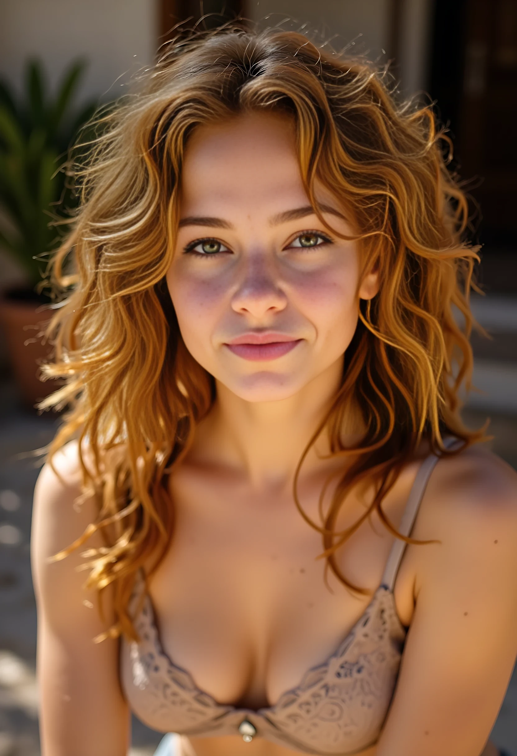 CSTMDL sun-kissed woman with curly copper-red hair, freckles, glowing tan skin, golden-brown eyes, full body photo kneeling and looking up to the camera in lingerie, camera angle from above


