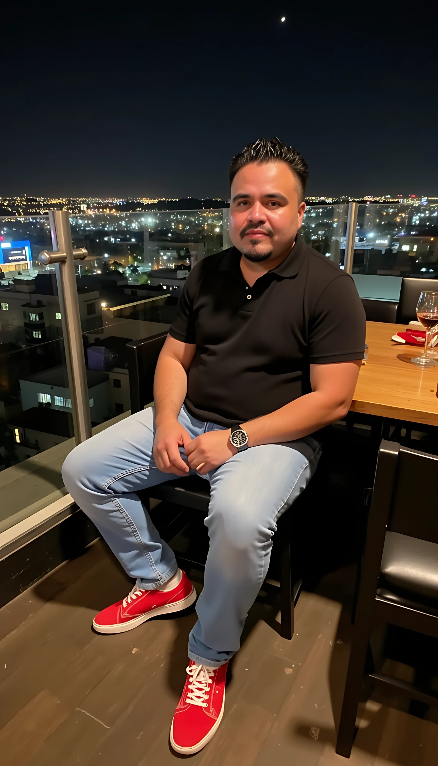  CSTMDL Man body wearing light blue jeans and black dress shirt red tenis shoes wearing a rolex watch seating on a nice restaurant  with a glass of wine on a rooftop city night lights  clear background 