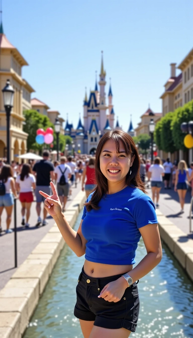 
A cheerful summer day at a busy theme park, with a wide, bustling street lined with classic, vintage-style buildings and lamp posts, leading up to a grand blue-and-gold fairytale castle in the distance. Bright midday sunlight with clear skies, producing vivid high color saturation and high contrast. The scene is illuminated with natural outdoor lighting, casting soft, minimal shadows due to the direct overhead sun. The lighting enhances skin tones and highlights architectural details, creating a vibrant, cheerful atmosphere typical of a summer afternoon at a theme park. Crowds of joyful parkgoers stroll along, some carrying colorful Mickey Mouse balloons. 

In the foreground stands [An unaware] a smiling young East Asian women wearing a royal blue cropped T-shirt and excessively, skin-tight and extremely short tight black short-shorts.

flashing a peace sign with one hand, radiating happiness and youthful energy. A young woman sitting casually beside a shallow water feature with stone steps and warm tan walls, smiling naturally while holding her phone. Captured in bright midday sunlight under clear skies, producing vivid but balanced color saturation and realistic skin tones.
Soft ambient reflections bounce from the stone surfaces and water, gently illuminating her face and creating a cheerful, lifelike summer atmosphere. The scene feels candid, authentic, and full of warmth.

Shot on Canon EOS R5, 85 mm f/1.4, cinematic grading, 8K UHD, ray-traced lighting, V-Ray render-level detail, no CGI, no digital smoothing, no stylized art.
Lighting is naturally diffused with subtle directional contrast, retaining every micro-texture—no plastic skin, no blur, no fake symmetry, no anime.
Realistic depth of field, accurate exposure, and detailed color balance replicate a true DSLR photo look.

Atmosphere: Summer afternoon, peaceful urban park walkway, mild breeze, reflections shimmering across the water’s surface.
Mood: Relaxed, warm, and genuine — authentic expression and tactile realism throughout.

Rendering Parameters:
	•	Sampler: DPM++ 2M Karras / DPM++ SDE Karras
	•	Steps: 30 – 40
	•	CFG Scale: 7 – 8
	•	Resolution: 768 × 1152 or higher
	•	Seed: fixed or random for natural variance
	•	Model: Realistic Vision v6 / EpicRealism / DreamShaper XL V2

⸻

🚫 Negative Prompt (refined to preserve full realism):

cartoon, 3d, cgi, painting, illustration, stylized, smooth plastic skin, blurry eyes, overexposed highlights, artificial symmetry, airbrushed, low contrast, low detail, uncanny valley, doll-like, flat lighting, bad anatomy, fake reflection, color banding, unnatural pose, lens distortion, jpeg artifacts
