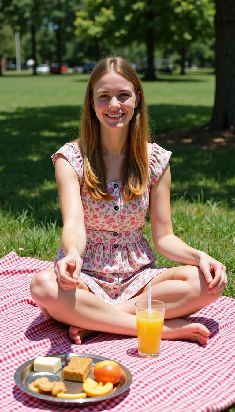 CSTMDL boring low quality snapchat photo circa 2015, selfie style picture, sitting cross-legged on a picnic blanket in a sunny park. She is wearing a floral summer dress, barefoot, with snacks and a drink beside her. Taken as if holding the phone out at arm’s length for a selfie.