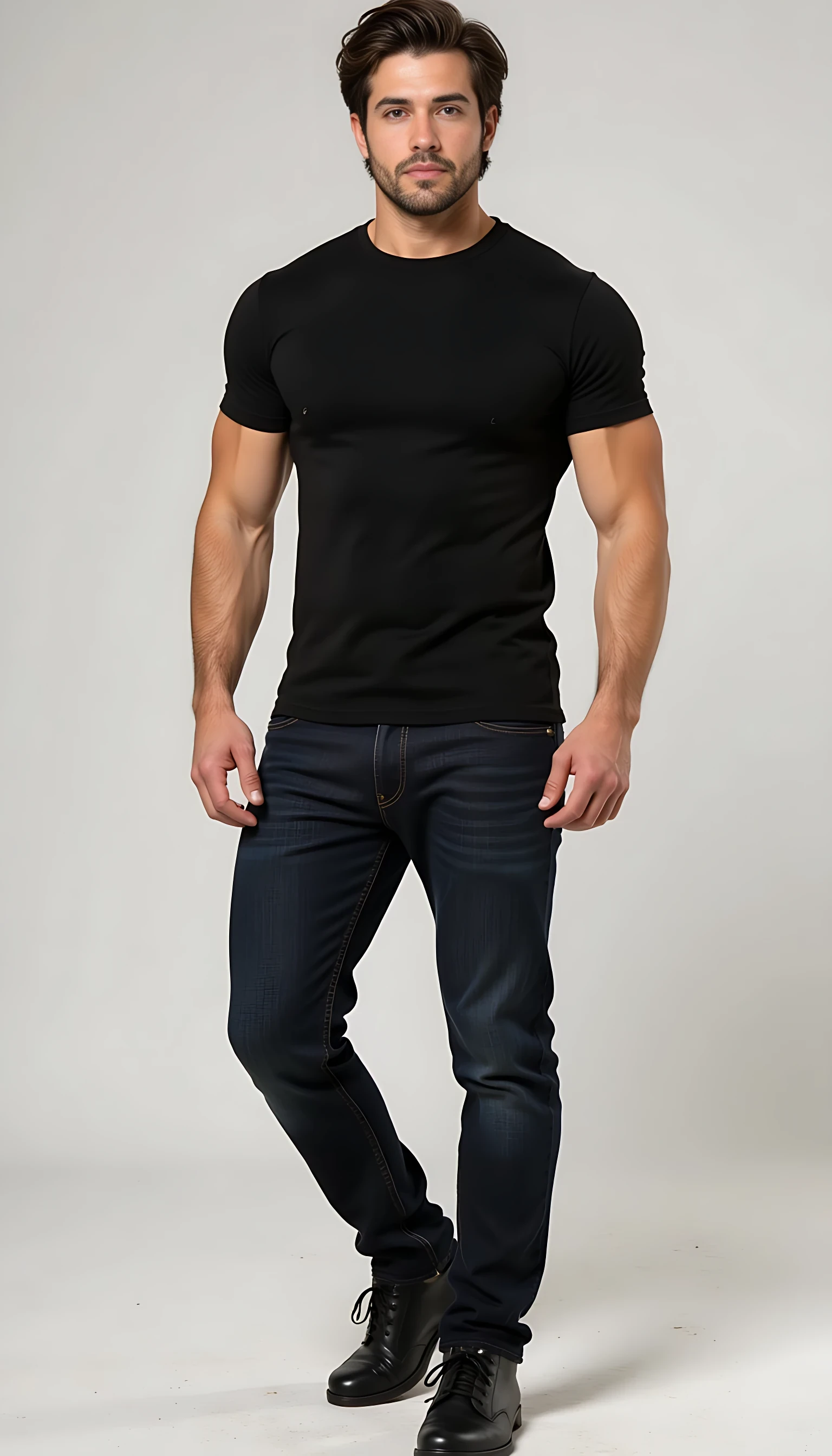 Create a 21-year-old male character, 6'3", 250 lbs of lean muscle, with a commanding yet relaxed presence. He has broad shoulders and muscular arms in a fitted black T-shirt, dark denim jeans hugging his thighs, and expensive designer shoes. His dark brown hair is short on the sides, with longer, tousled top strands in a messy, "just rolled out of bed" style. His clean-shaven face features a straight nose, chiseled jaw with a subtle tic, and vibrant green eyes that hold secrets. He moves with confident, unhurried ease, blending youthful strength, mystery, and casual charm.