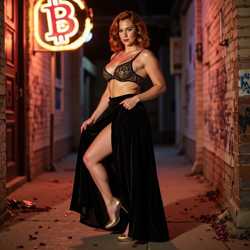 CSTMDL is athletic and curvy, 5 feet 6 inches tall, with DDD breasts, green eyes, and perfectly shaped eyes and pupils. Her hairstyle is bright copper-red, short and wavy, falling 5 inches below her shoulders. Her red eyebrows frame her dramatic makeup: gold shimmer eyeshadow, bold winged eyeliner, and glossy deep red lips.

CSTMDL stands with one leg extended from her deep black velvet high-slit skirt, one hand holding the fabric up just slightly as if daring someone to look. Her bralette glows under the ambient alley lighting. Behind her, a flickering neon BITCOIN symbol sign bathes part of the wall in digital gold and soft pink tones.

Her body faces slightly sideways, but her head turns to meet the camera with a seductive smirk — like she’s in control of more than just the moment. Gold heels shine under soft puddle reflections, and rose petals drift past her foot.

Lighting remains cinematic: golden hour softness layered with gritty neon haze. The graffiti and brick textures blur behind her, and the air feels warm, tense, electric.

Shot on a Canon EOS R5, 50mm f/1.2L lens, ISO 200, f/1.2, 1/250 shutter. Ultra-realistic 8K, dramatic contrast, and shallow depth of field.