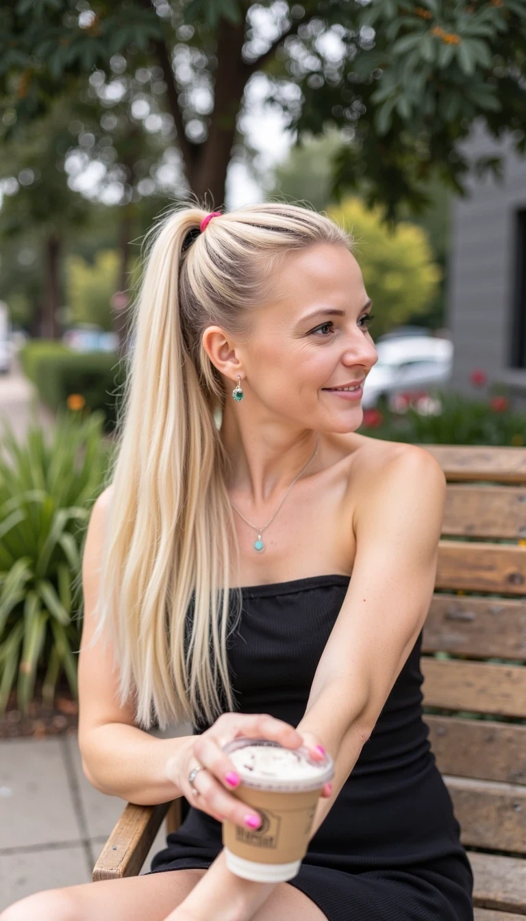 Tan blonde with long blonde hair in a pony tail with a coffee sitting outside in a sundress