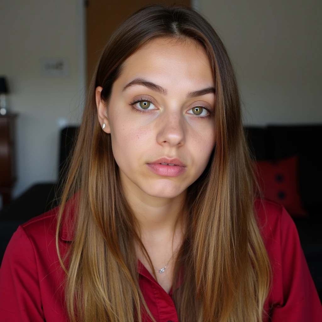 cute teenager, 16 years old, beautiful, soft light brown hair, Long hair, green eyes, Fleshy lips, Serious, full outfit, image framed in the portrait style, in the living room, Latina, Makeup, Thin nose