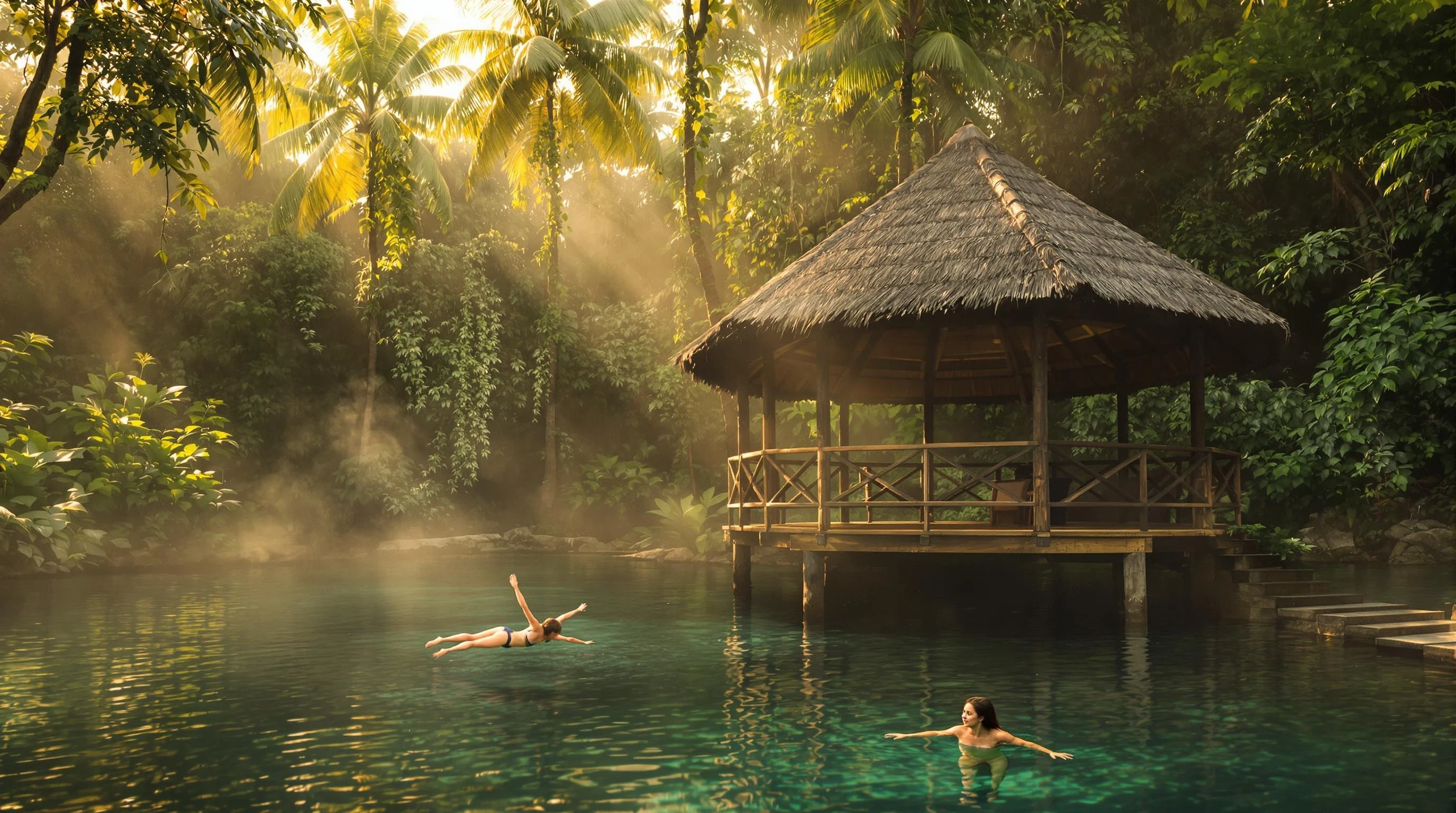 "A serene tropical jungle scene at golden hour with soft ambient lighting. A small wooden hut with a thatched roof stands peacefully by a clear natural pond. In the foreground, a young women is diving into the water, captured in a gentle, elegant motion. The environment is lush and green, with palm trees, vines, and soft mist in the background. The lighting is dreamy and cinematic, with golden highlights on the leaves and subtle reflections on the water surface. Ultra-realistic, 4K, atmospheric, emotional."