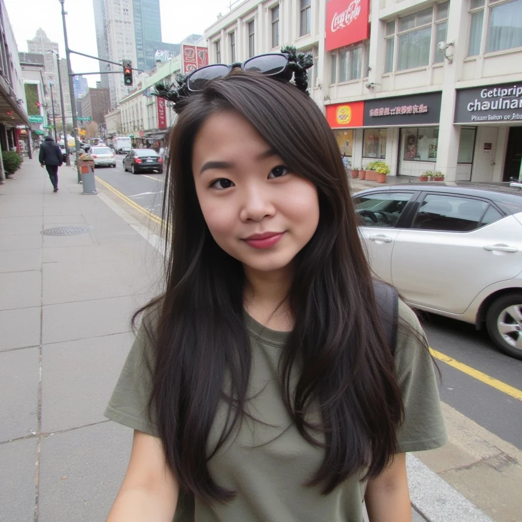 boring low quality snapchat photo circa 2015, asian, cute, dark brown hair, cute outfit, city background