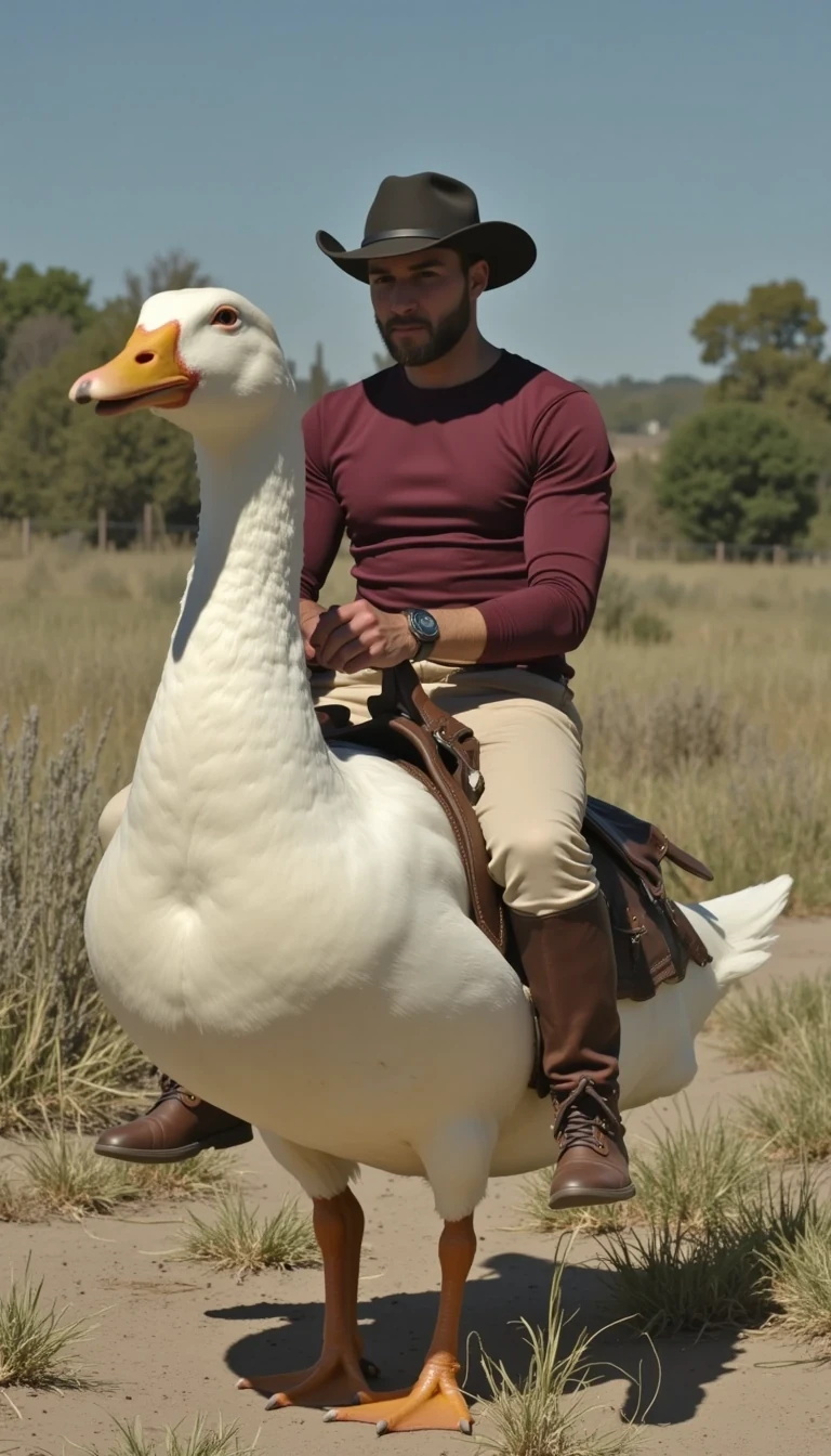 Samuel is riding a living very large sized duck 
The duck has a saddle and samuel looks like a sexy cowboy. Is clothes are maroon top and cream bottoms. 

