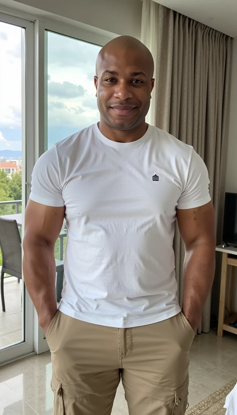 iPhone Photorealistic Full body image. make him more realistic and similar. Powerful CEO, He is wearing a white t shirt, tan khakis. Slim but muscular build. He is facing the camera directly, as if the paparazzi is shooting him while he is lounging on the couch on the balcony of his Mexico hotel villa. He looks like a confident stud, CSTMDL, Face of Carter and bald head