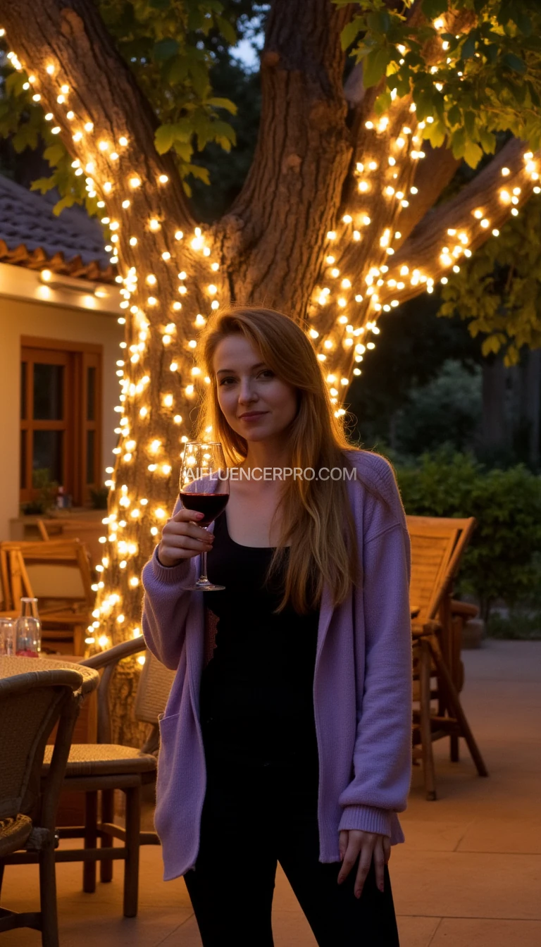 A full body shot photo of a woman standing outdoors at a cozy, warmly lit kitchen in the evening, with soft, glowing lights wrapped around a tree behind them creating a charming atmosphere. The image is like a photo from the year 2005, with warm tones and clear textures throughout. The woman has fair skin, a slim build, and long reddish-blonde hair, also worn loose. She is biting her lip in a sexy way, holding a glass of red wine in her right hand, and wears a soft-textured lavender cardigan over a black top. The background features a large tree with sparkling string lights wrapped around its trunk and branches, adding a magical touch to the scene. The setting suggests a private outdoor seating area, with elements like terracotta-tiled roofing, greenery, and rattan chairs contributing to a serene, inviting vibe. The overall composition is balanced, with the woman framed against the softly glowing tree, and the lighting enhances the warm, intimate feel of a quiet evening shared among friends. The details are vivid, with textures of clothing, skin, and background elements clearly visible, while the warm lighting creates a relaxed and joyful mood
