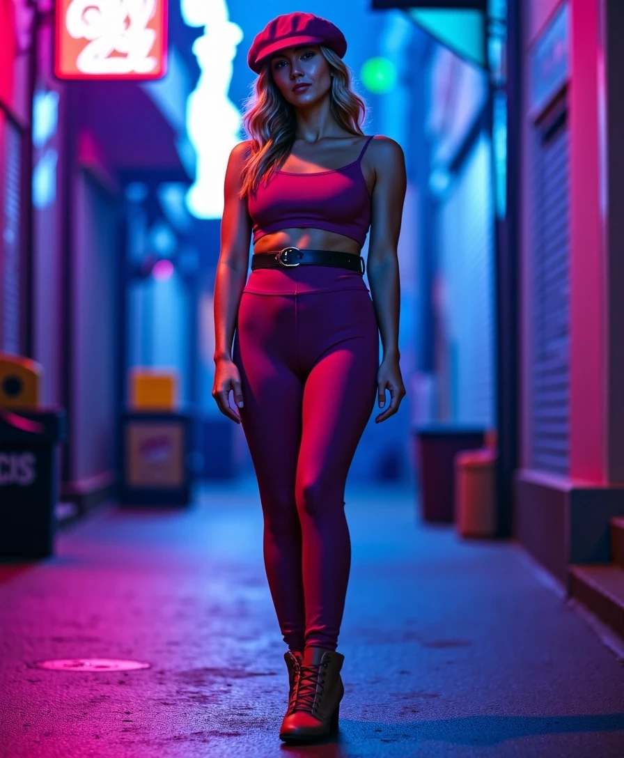 Nexxa Ultimate Base — full-body 4:5 photo in Cammy-inspired outfit. Keeps beret, gloves, belt, and boots. No top, no pants. Pose: confident, one arm folded across chest and the other relaxed at her side. Neon-lit alleyway background with cinematic blue and pink reflections. Camera low angle for strength and symmetry. 
