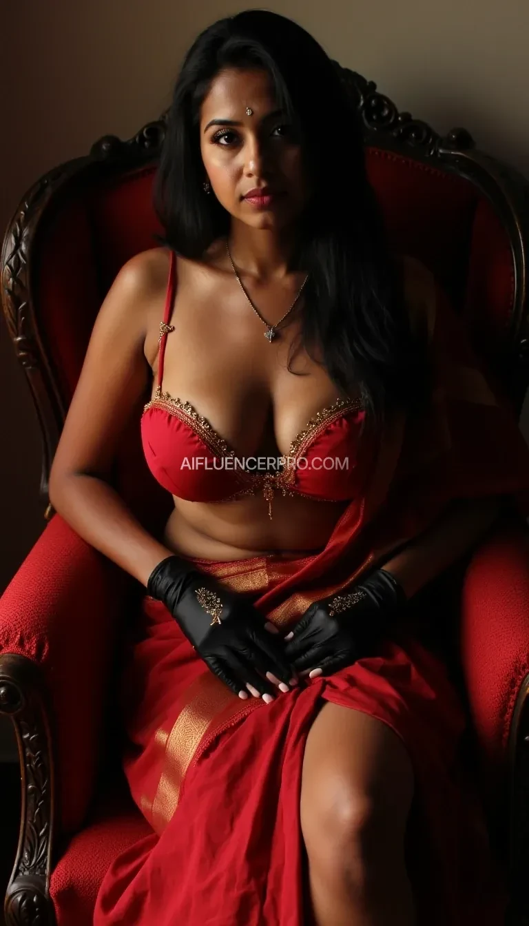 A person indian women black hair, in saree saggy boobies visible, setting in chair like a bdsm mistress with hand gloves 