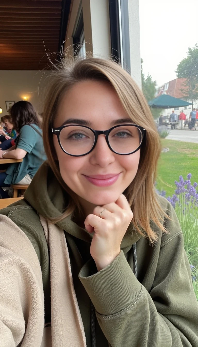 Prompt 1 – Face / Selfie

“Casual daytime selfie of a cute German woman (Saskia Sommer) with light-brown shoulder-length hair, taken inside a bustling café. She’s seated at a corner table by a large window, soft daylight illuminating her fair skin and lightly freckled cheeks. She wears round-frame glasses and a relaxed olive-green hoodie, with one hand curled gently under her chin. Her grey-green eyes sparkle with intelligence and warmth, her smile subtle and natural. Captured with a modern smartphone, shallow depth of field, creamy background blur with faint movement of people behind her, realistic lighting and detail.”


---

Prompt 2 – Full-body (clothed)

“Full-length early morning photo of the same woman standing barefoot in a dewy backyard garden. She wears a flowing knee-length floral wrap dress in soft blue and white, a cozy beige shawl draped loosely over her shoulders. Her hair is in a messy bun, a few strands falling loose. In her left hand she holds a watering can, mid-action, as she tends to a patch of lavender. The light is cool and crisp, with faint mist rising from the grass. Natural skin tones, gentle textures, serene and grounded vibe.”
