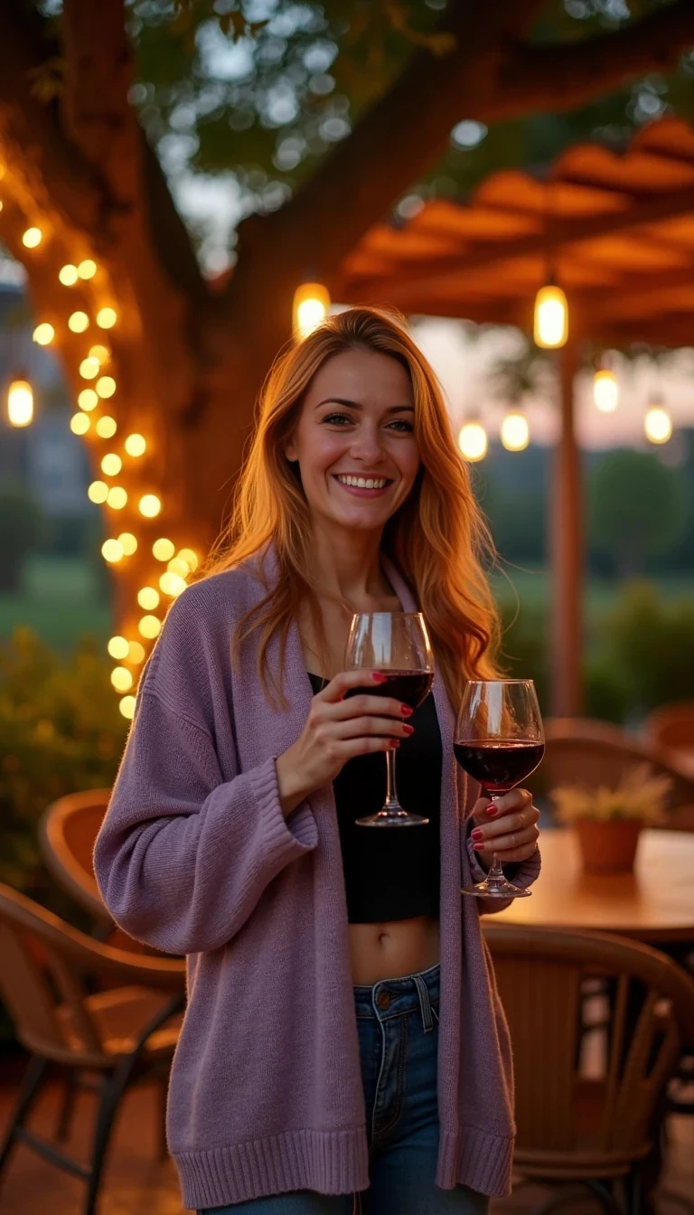 A full body shot photo of a woman standing outdoors at a cozy, warmly lit patio in the evening, with soft, glowing lights wrapped around a tree behind them creating a charming atmosphere. The image is rich in detail, with warm tones and clear textures throughout. The woman has fair skin, a slim build, and long reddish-blonde hair, also worn loose. She is smiling warmly at the camera, holding a glass of red wine in her right hand, and wears a soft-textured lavender cardigan over a black top. The background features a large tree with sparkling string lights wrapped around its trunk and branches, adding a magical touch to the scene. The setting suggests a private outdoor seating area, with elements like terracotta-tiled roofing, greenery, and rattan chairs contributing to a serene, inviting vibe. The overall composition is balanced, with the woman framed against the softly glowing tree, and the lighting enhances the warm, intimate feel of a quiet evening shared among friends. The details are vivid, with textures of clothing, skin, and background elements clearly visible, while the warm lighting creates a relaxed and joyful mood
