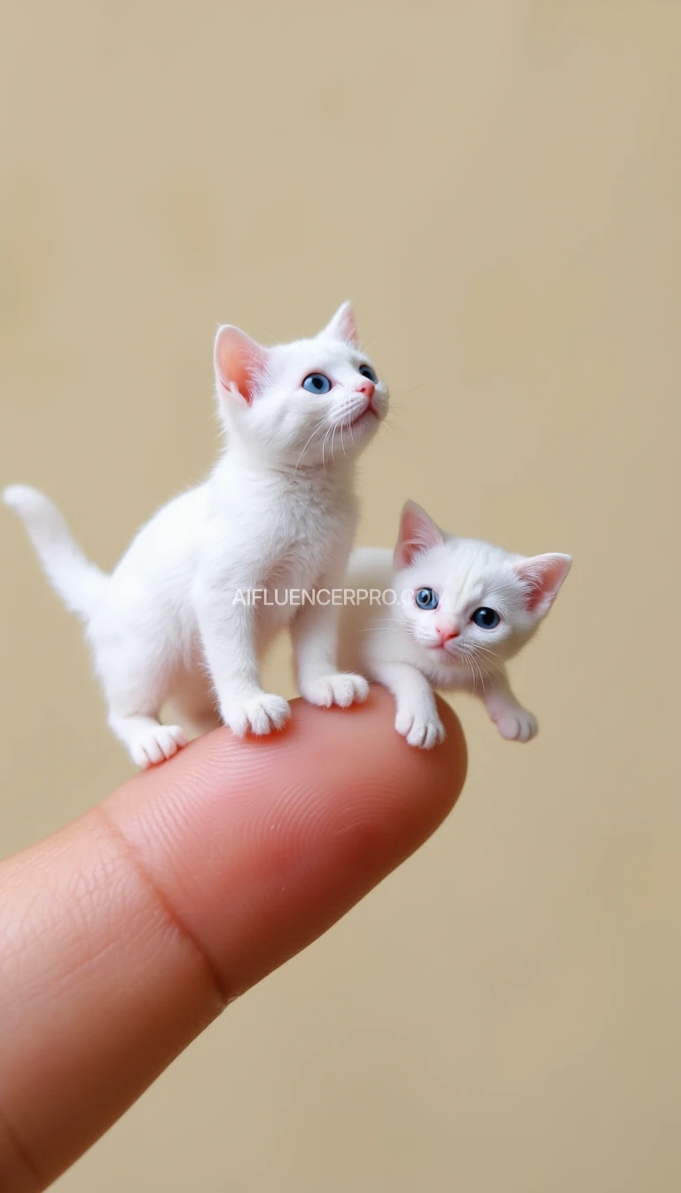 A highly detailed, creative close-up shot with a shallow depth of field, featuring one tiny white cats, approximately the size of a finger, perched on a human finger with a gentle curvature, the finger's skin tone a soft, warm beige, with subtle wrinkles and faint fingerprints, the fingernail a natural, healthy pink, as the cats' fur appears soft and fluffy, their bright, inquisitive eyes a piercing blue, their tiny noses and mouths delicately formed, one cat gazing upwards, the other looking downwards, creating a sense of playful curiosity, set against a blurred, creamy background that accentuates the cats' whiteness and the finger's gentle contours.