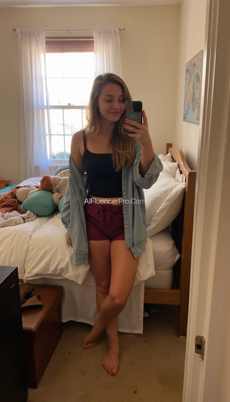 boring low quality snapchat photo about 2015, A young woman with a in his room while taking off her socks 